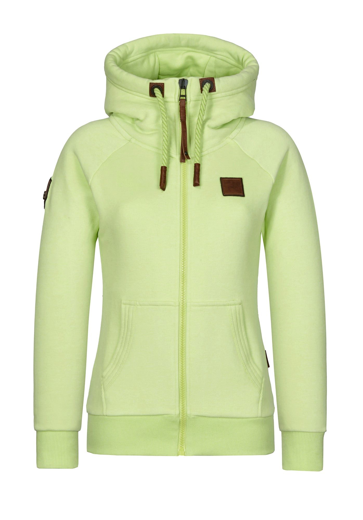 naketano Sweatjacke Damen mit Kapuze, Kängurutasche, tailliert, melierte Sweatware, Raglan Kordelzug, Rippbündchen, Kunstleder-Logo, casual, Streetwear, Langarm