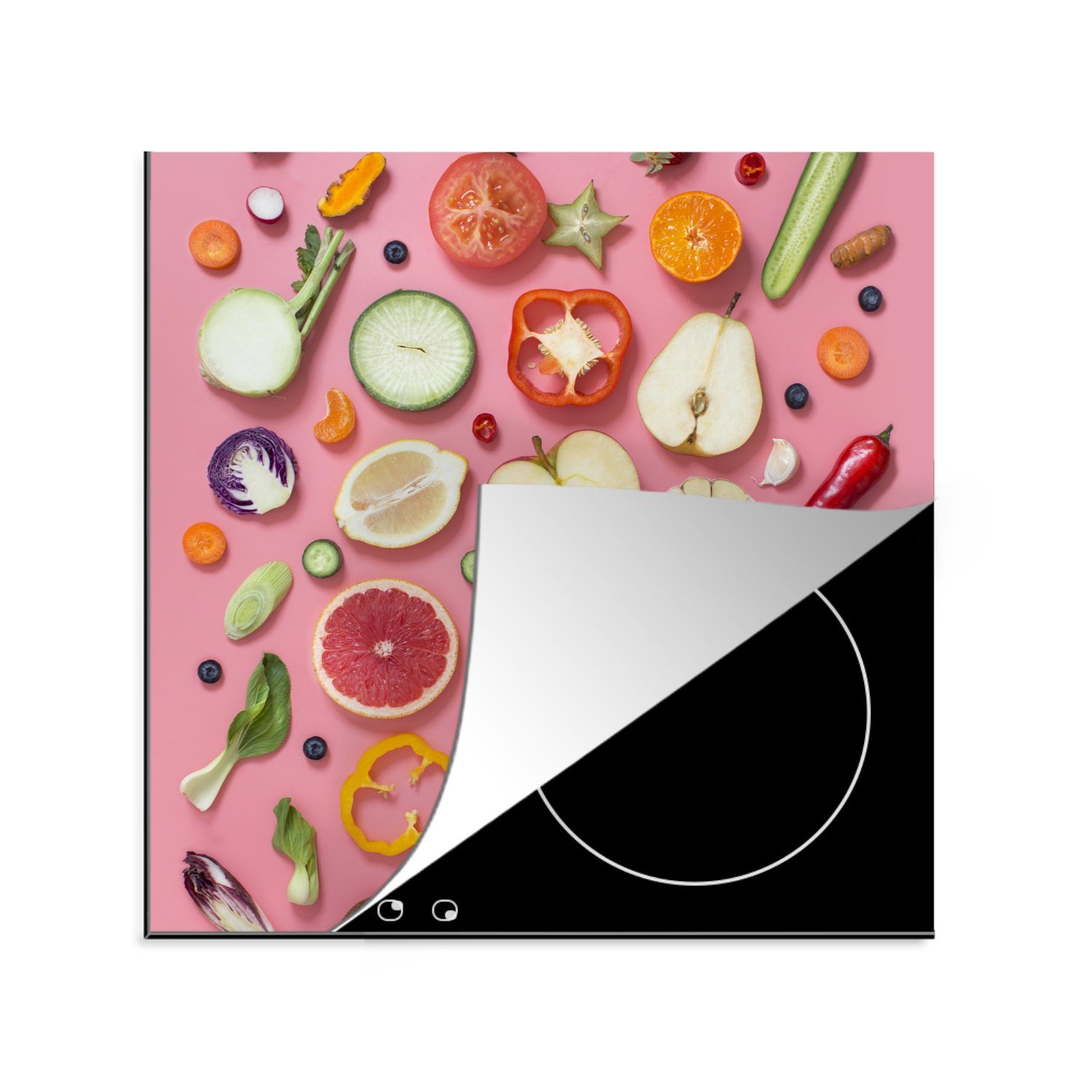 Rosa, cm, Obst - Herdblende-/Abdeckplatte tlg), Arbeitsplatte - Vinyl, küche Gemüse MuchoWow (1 78x78 Ceranfeldabdeckung, für