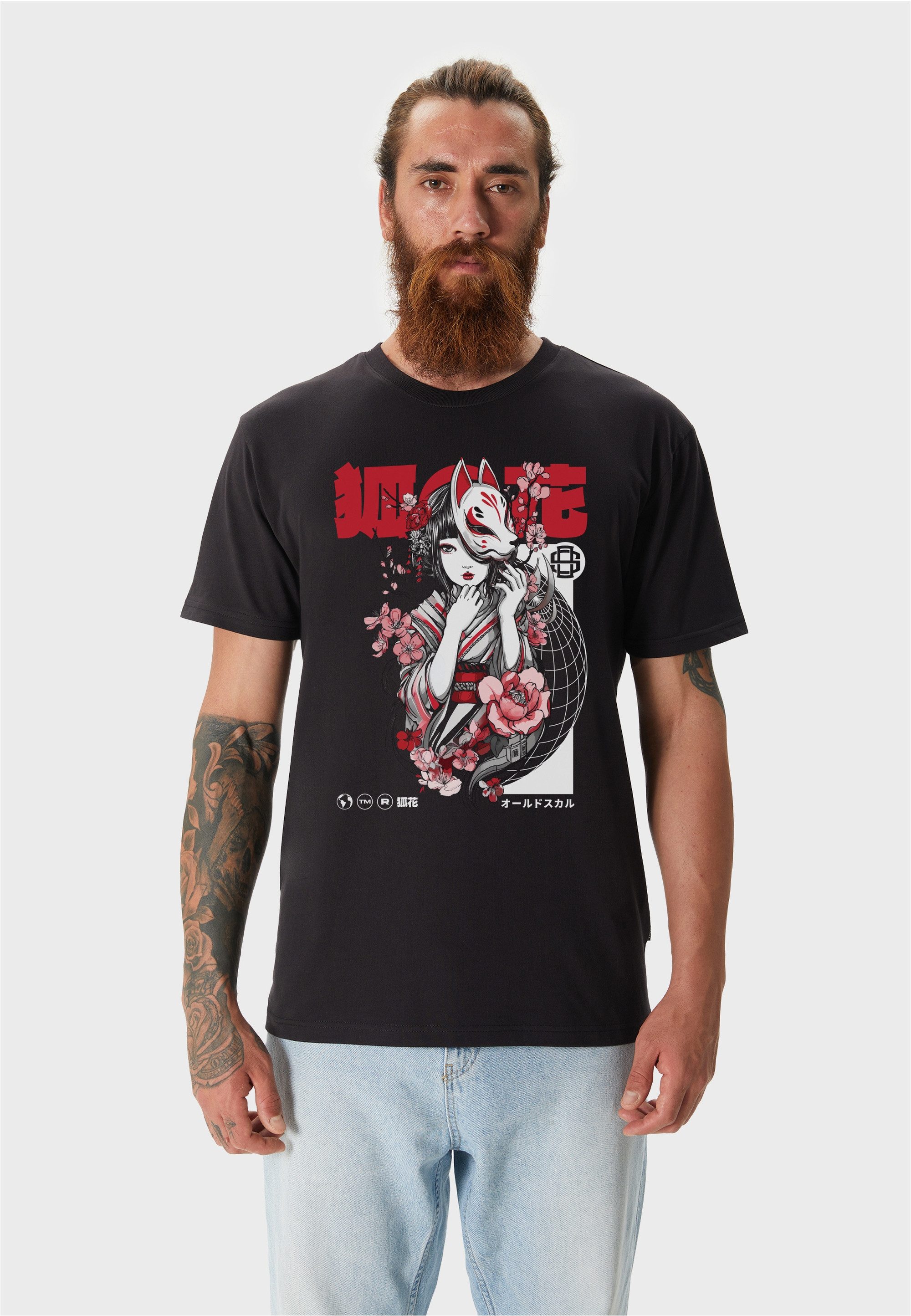 Oldskull T-Shirt Asian Kitsune Shadow Graphic Klassisches fernöstliches Motiv, modern gestaltet