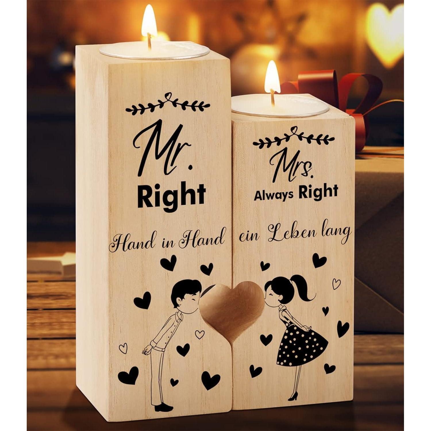 KAAYEE Teelichthalter Hochzeitsgeschenk Kerzenhalter Herzform Holz Mr Mrs Verlobung