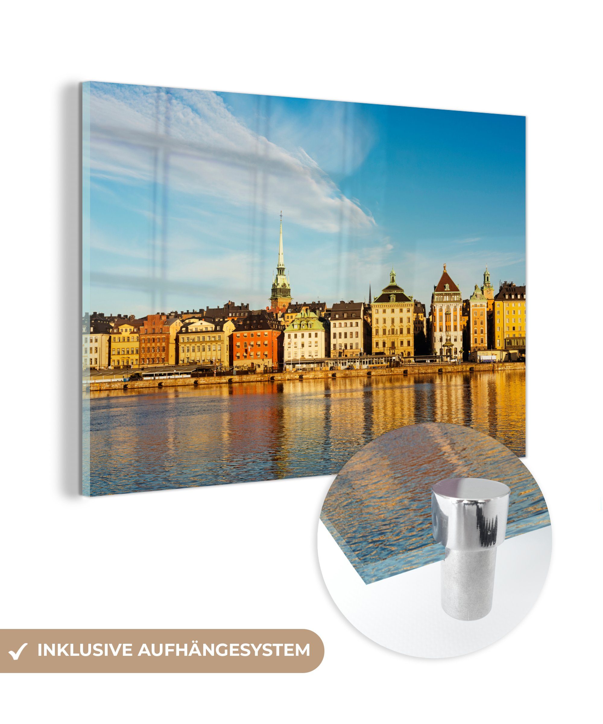 MuchoWow Acrylglasbild Gebäude über dem Stockholmer Hafen in Schweden, (1 St), Acrylglasbilder Wohnzimmer & Schlafzimmer