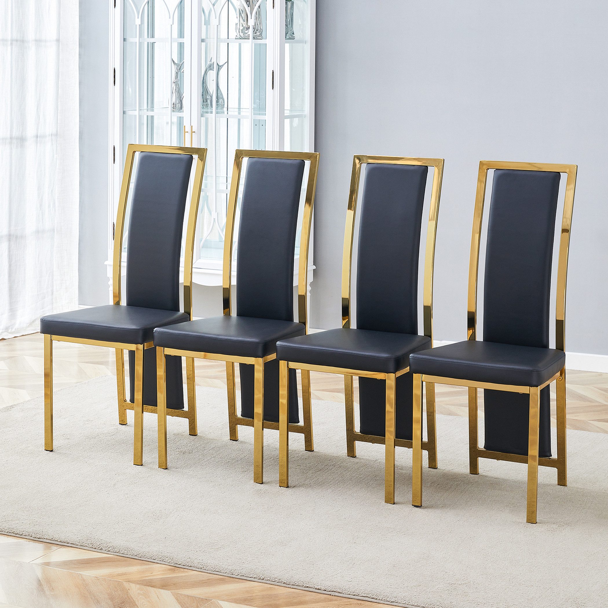 SeedWave Esszimmerstuhl Küchenstuhl-Set mit PU-Sitz, Hohe Gebogene Rückenlehne & Metallbeine, 4er Set. Metallrahmen, verstellbare Fußgleiter