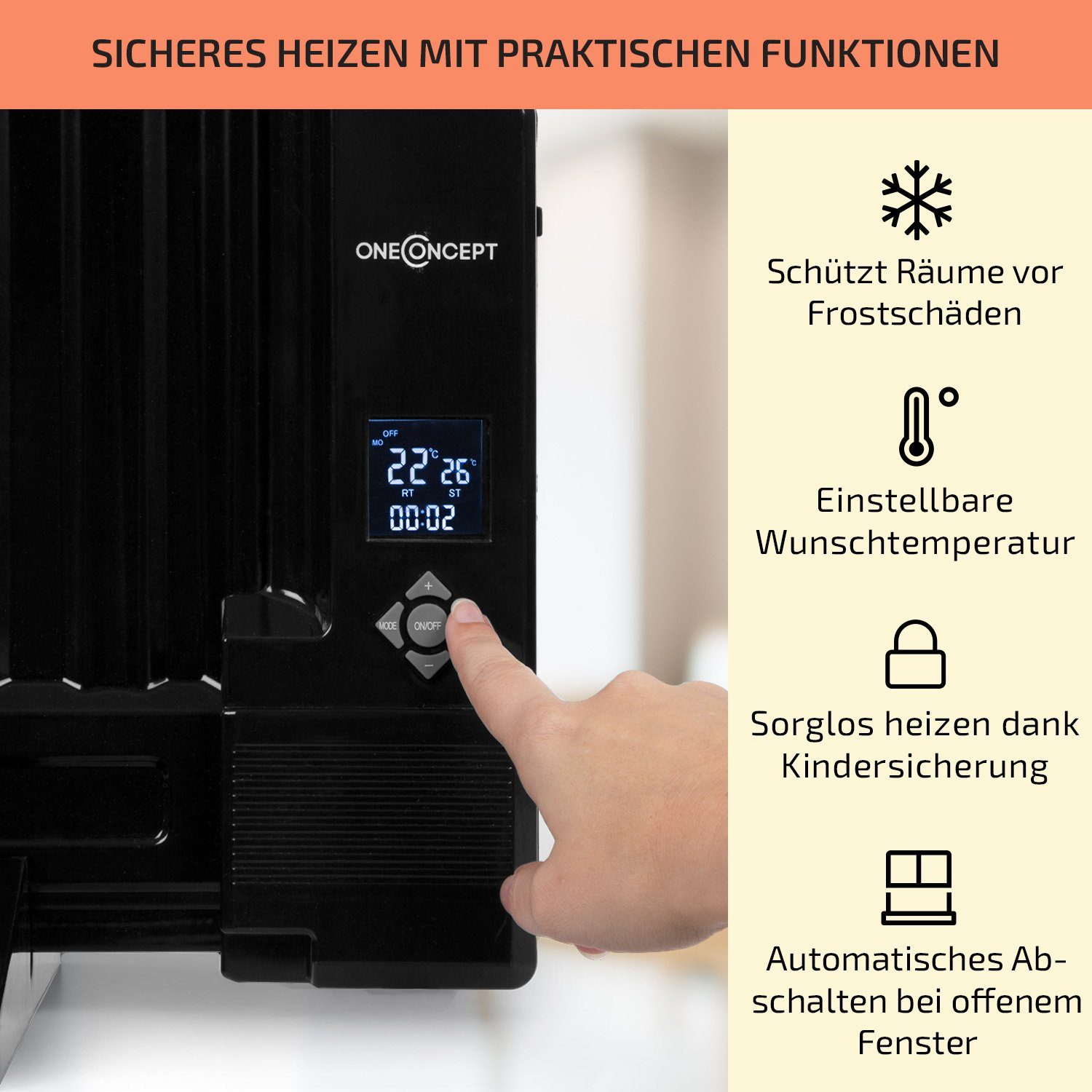 ONECONCEPT Heizstrahler Wallander, 800 W, elektrisch Heizkörper Schwarz energiesparend Ölradiator Thermostat Radiator
