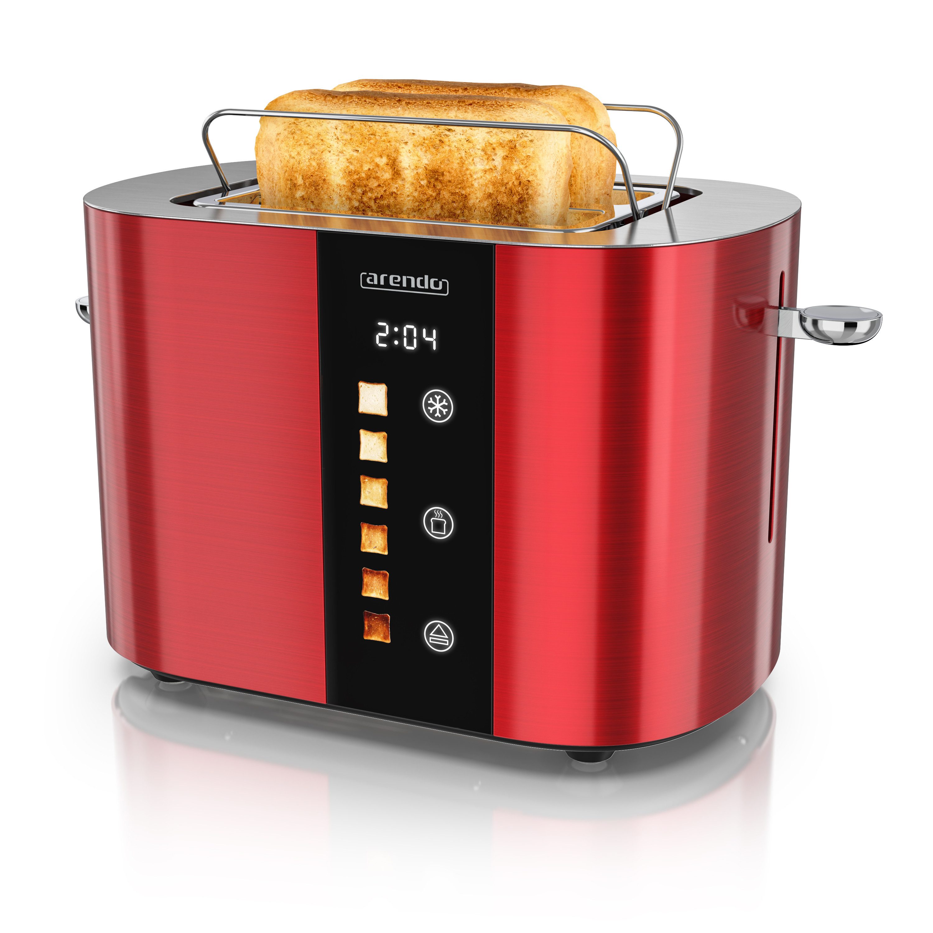 Arendo Toaster 2-Scheiben Kurzschlitz Edelstahl, Touch, Restzeit Bräunungsgradanzeige, 2 Schlitze, für 2 Scheiben, 800 W, Brötchenaufsatz, Wärmeisoliert, Toast-Symbole für Bräunungsgradauswahl