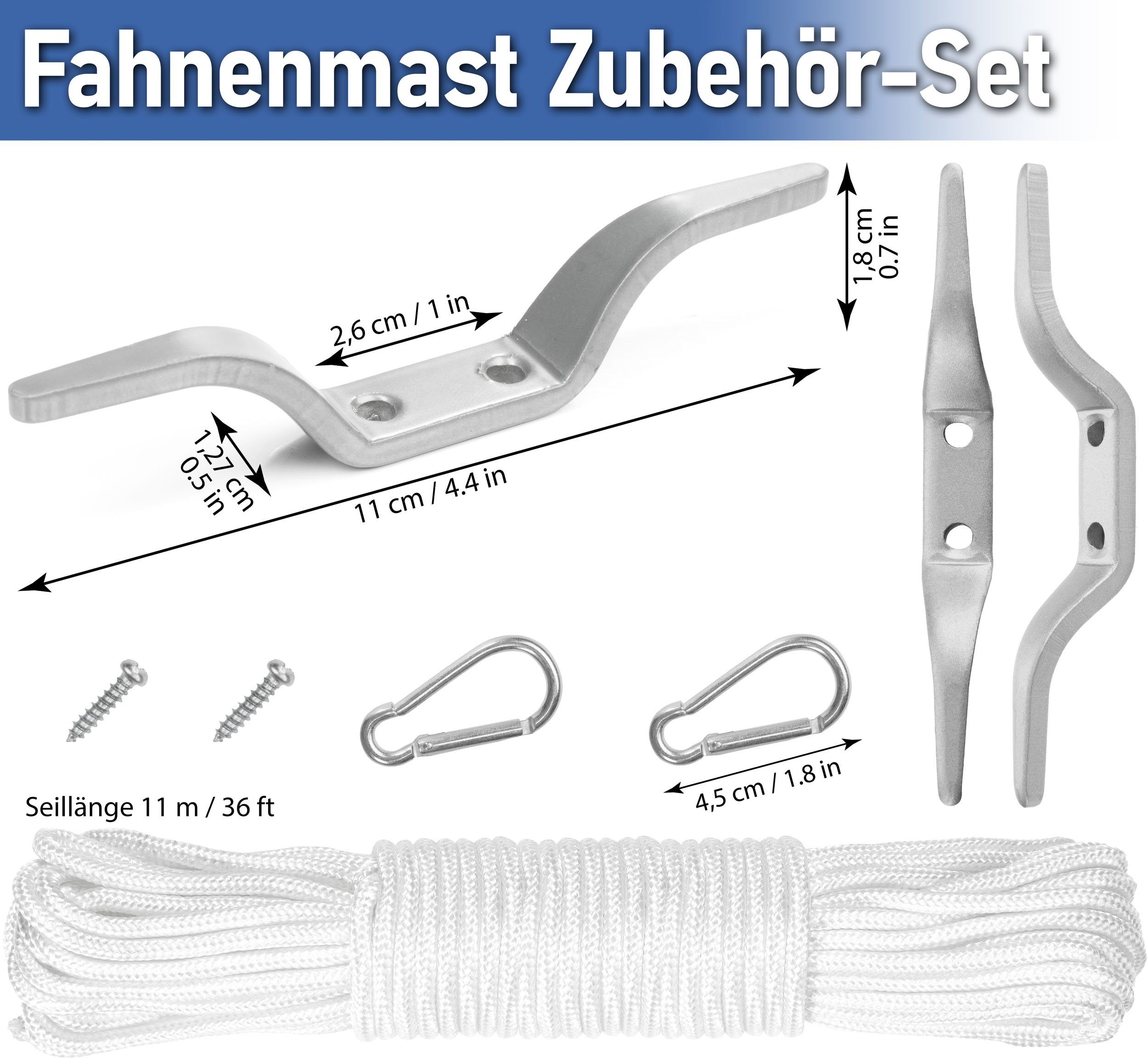 BRUBAKER Fahnenmast Reparaturset - Zubehör Set - Ersatzteile für Flaggenmast, (1-St., Für Fahnenmast mit 3,8 cm), Seil, Karabiner, Klampe, Aluminium Topper mit Seilrolle + Schrauben