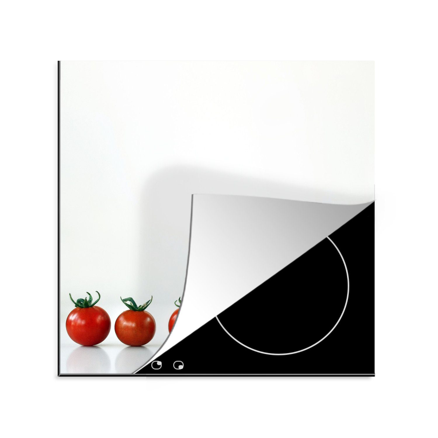 MuchoWow Herdblende-/Abdeckplatte Kleine Tomaten in einer Reihe mit weißem Hintergrund, Vinyl, (1 tlg), 78x78 cm, Ceranfeldabdeckung, Arbeitsplatte für küche