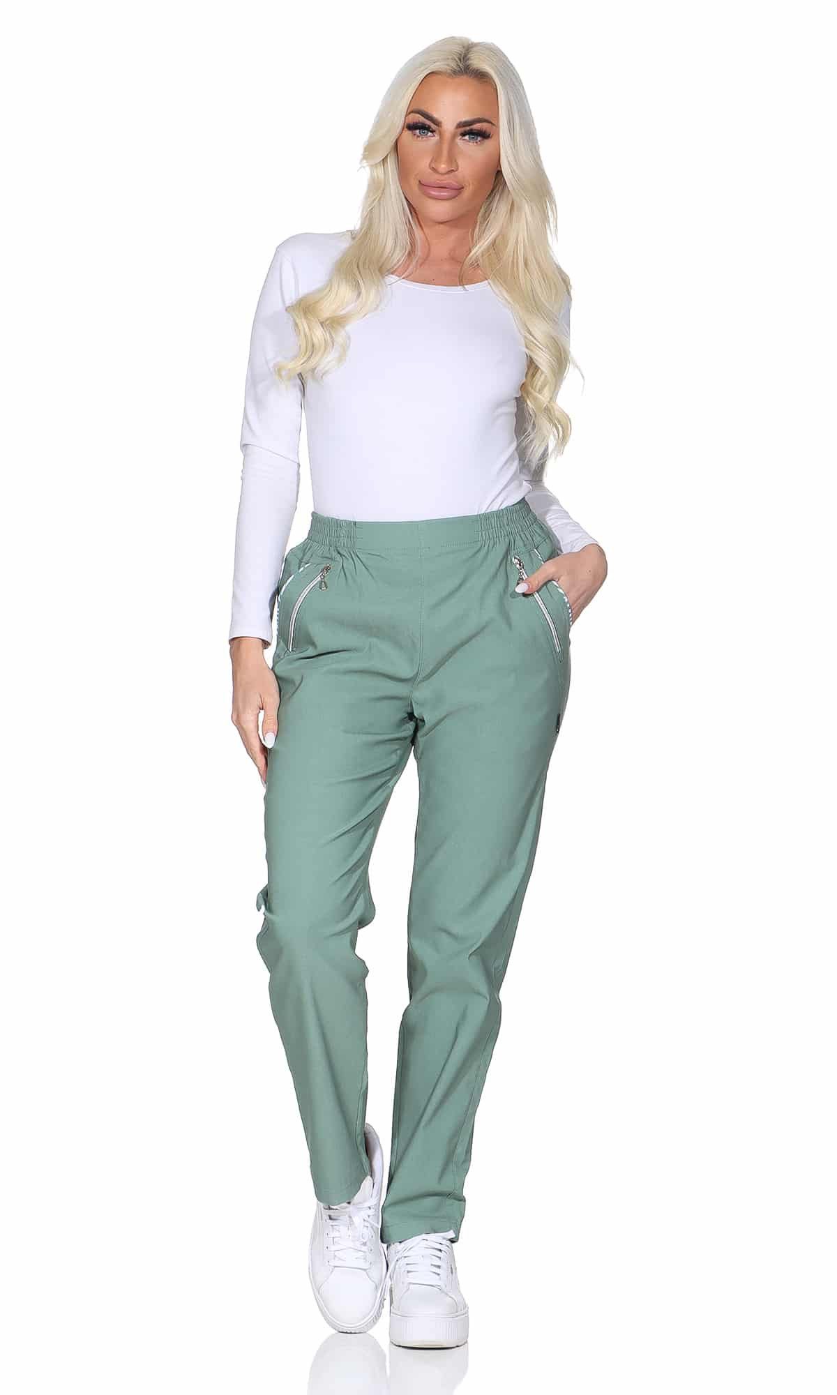 OriginalYou Schlupfhose Damen Stoffhose leichte Stretchhose Freizeithose mit elastischem Bund, farblich abgesetzte Taschen