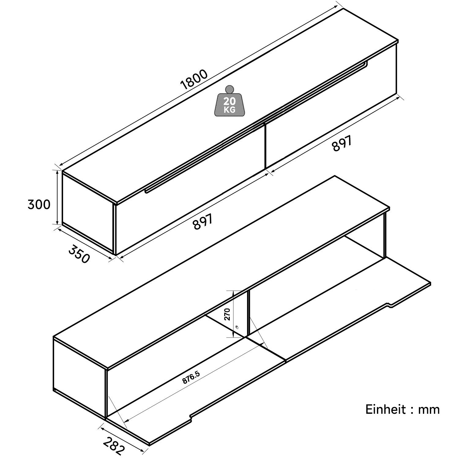 SONNI Lowboard lowboard tv hängend und stehend, tv schrank 180cm, mit Beleuchtung in wohnzimmer, Weiß, 180 x 30 cm