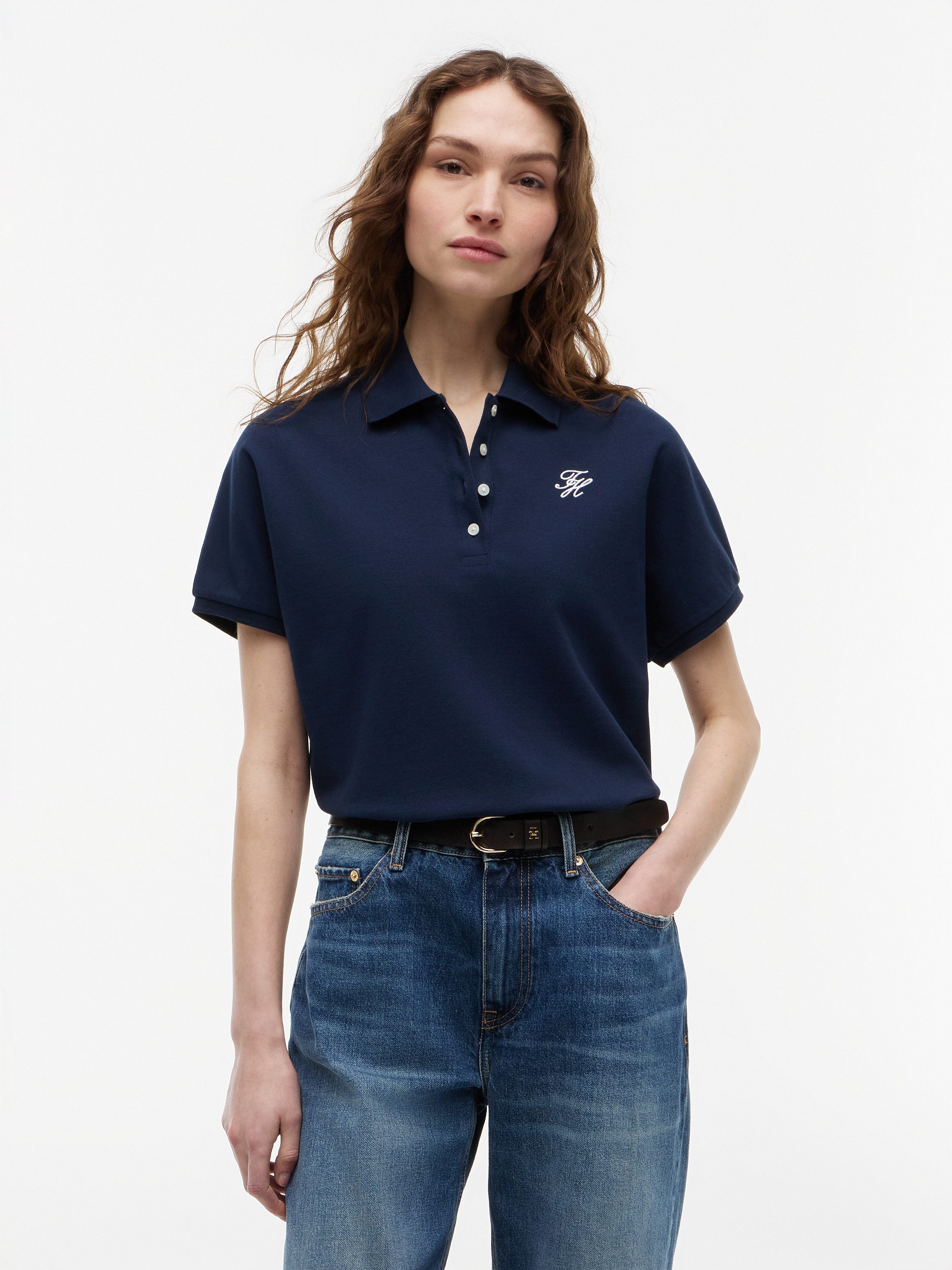 Tommy Hilfiger Poloshirt TH SCRIPT MODERN SS POLO Baumwollmischung, Polokragen, kurze Knopfleiste