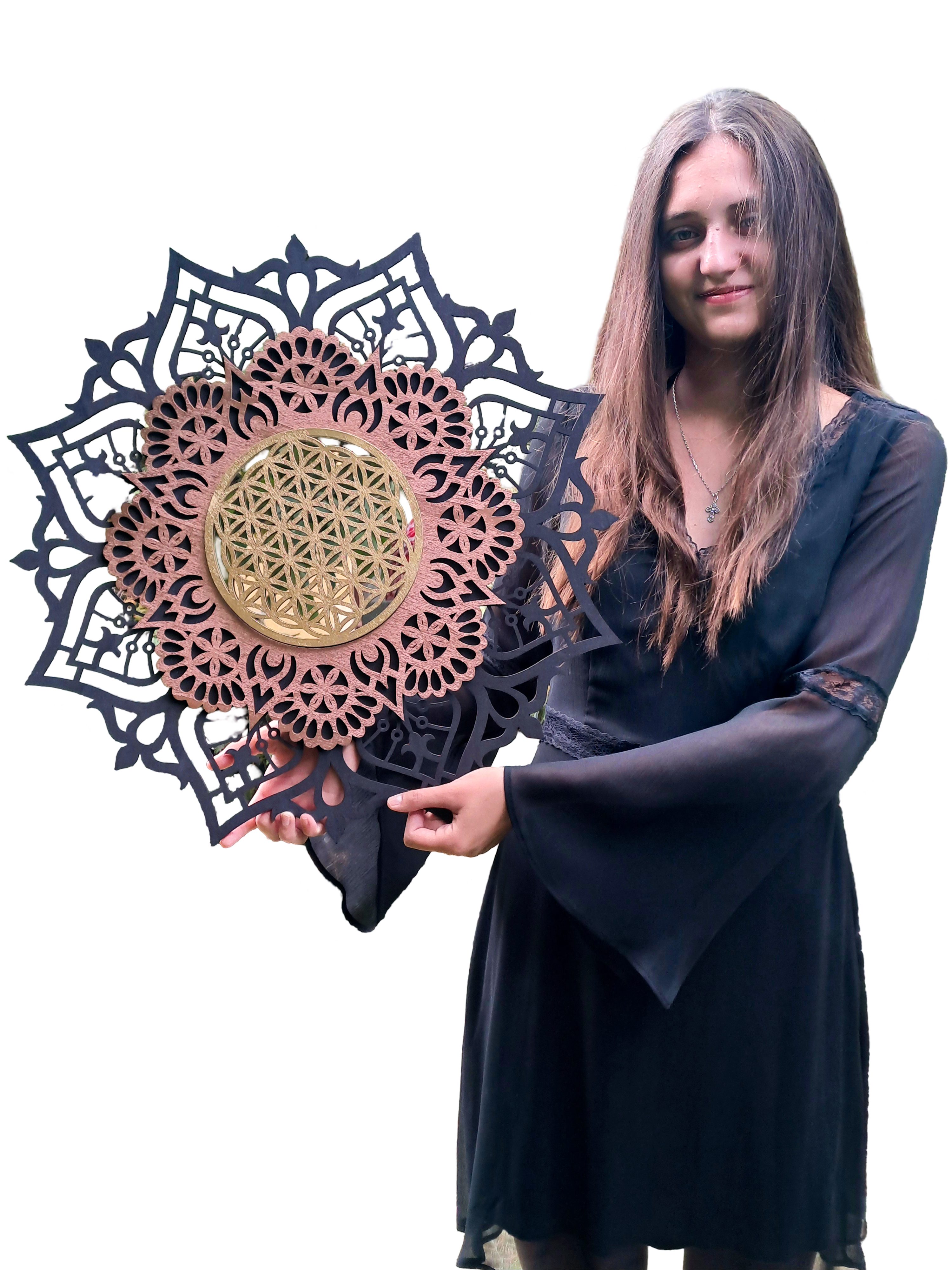 ORNAMENTI Wanddekoobjekt 3D MANDALA, Grosse moderne boho Wanddeko, Holz, 3 Schichten, Spiegel (moderne Deko Anhanger, Yoga Wandsculptur, Holzbild, stilvolle Wanddekoration, Wandpaneel, Ornament, geschnitz Wandrelief), Verzierung fur Zuhause, Wohnzimmer, Schlafzimmer, Wandkunst, 5 Größen