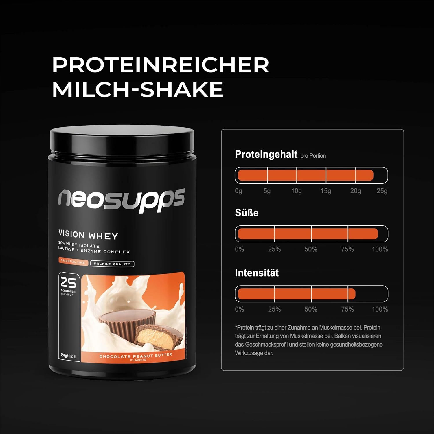 Neosupps Vision Whey Chocolate Peanut Butter 750g, Protein Pulver Pulver, 750 g, Whey Protein für Muskelaufbau mit geprüfter Qualität, Made in Germany