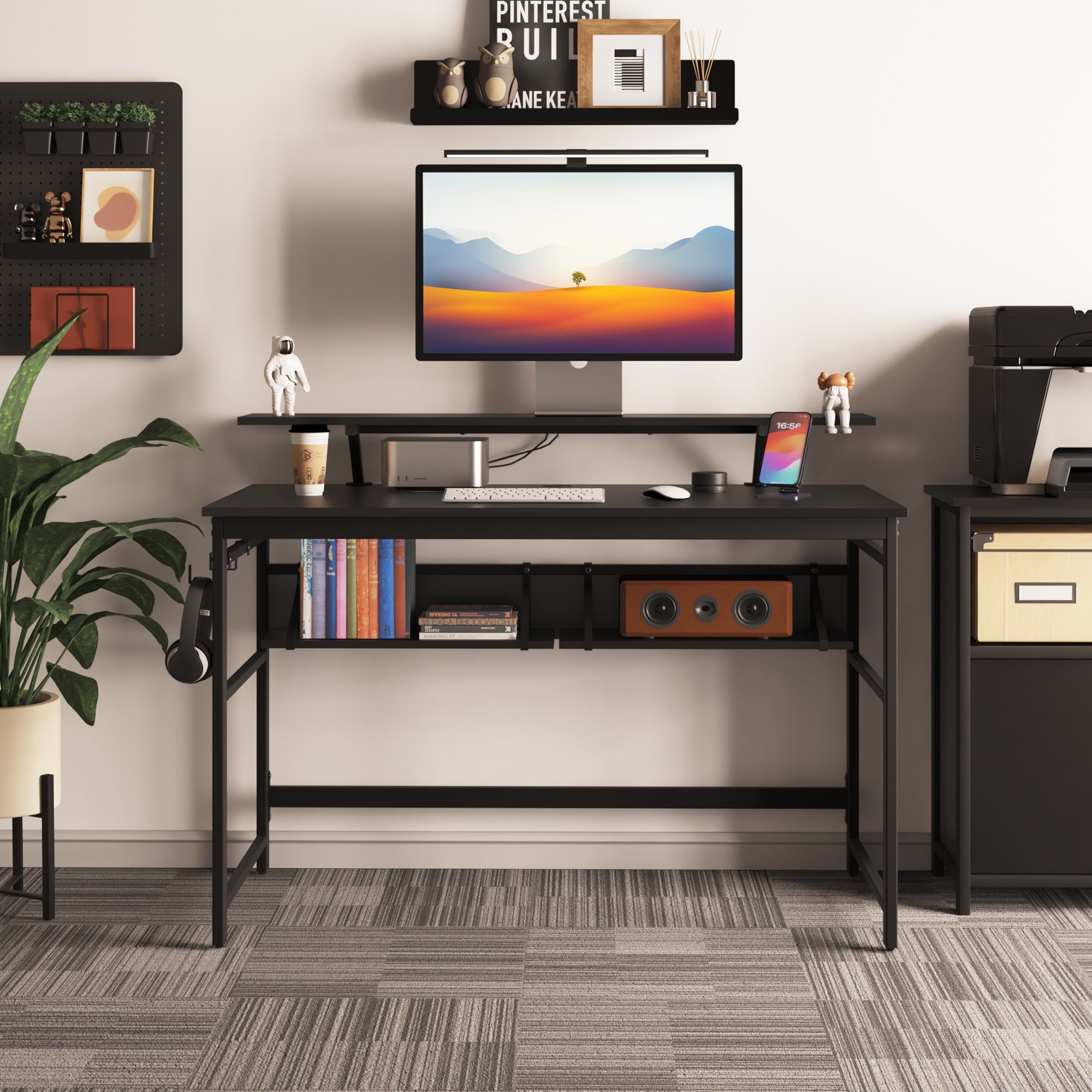 Mondeer Schreibtisch Computertisch, 120cm, mit Ablagefächern, Schwarz Abnehmbarer | Schwarz Monitorständer 2