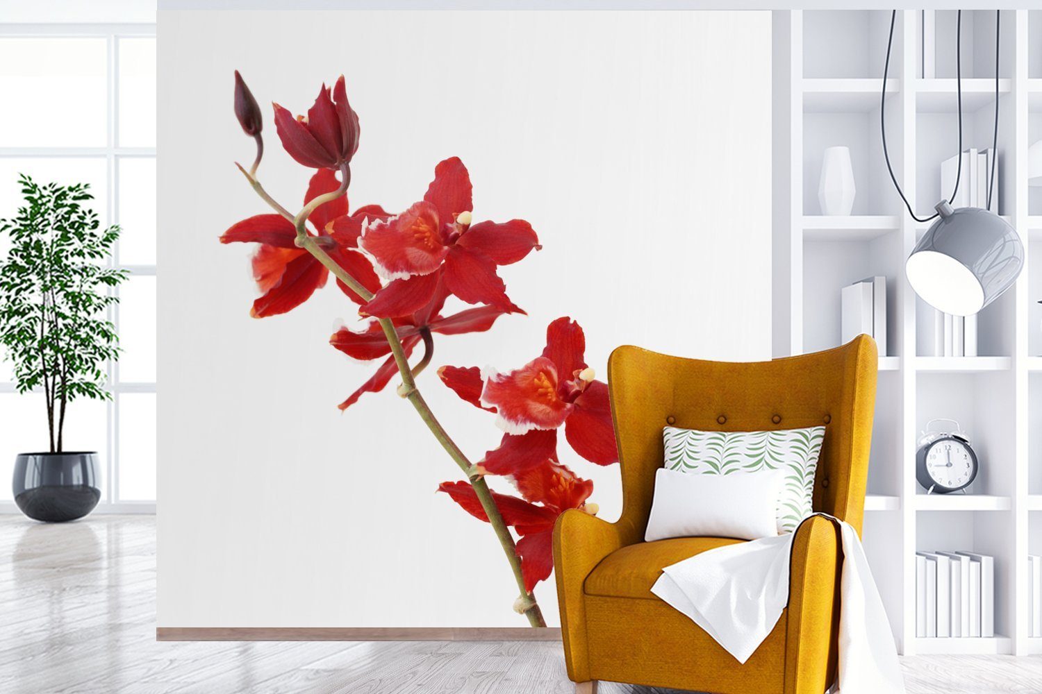 Hintergrund, Fototapete bedruckt, MuchoWow vor Tapete Rote Schlafzimmer, St), weißen Matt, Orchideen für Wandtapete (5 Wohnzimmer einem Vinyl oder