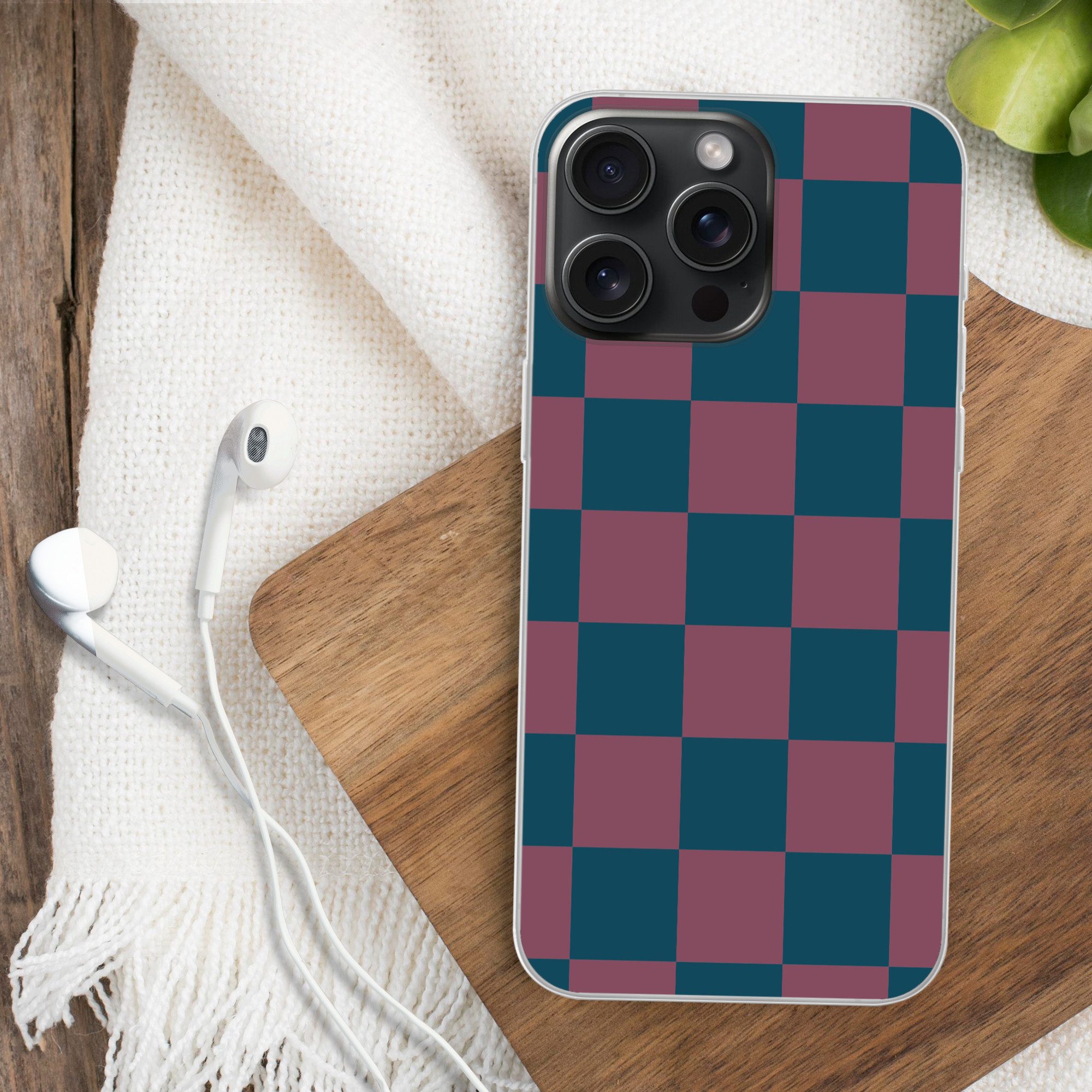 MuchoWow Handyhülle für Apple iPhone 15 Pro Max Schachbrett Druck - Blau - Rot - Würfel, Smartphone-Bumper, Print, Handy Schutzhülle Dünn