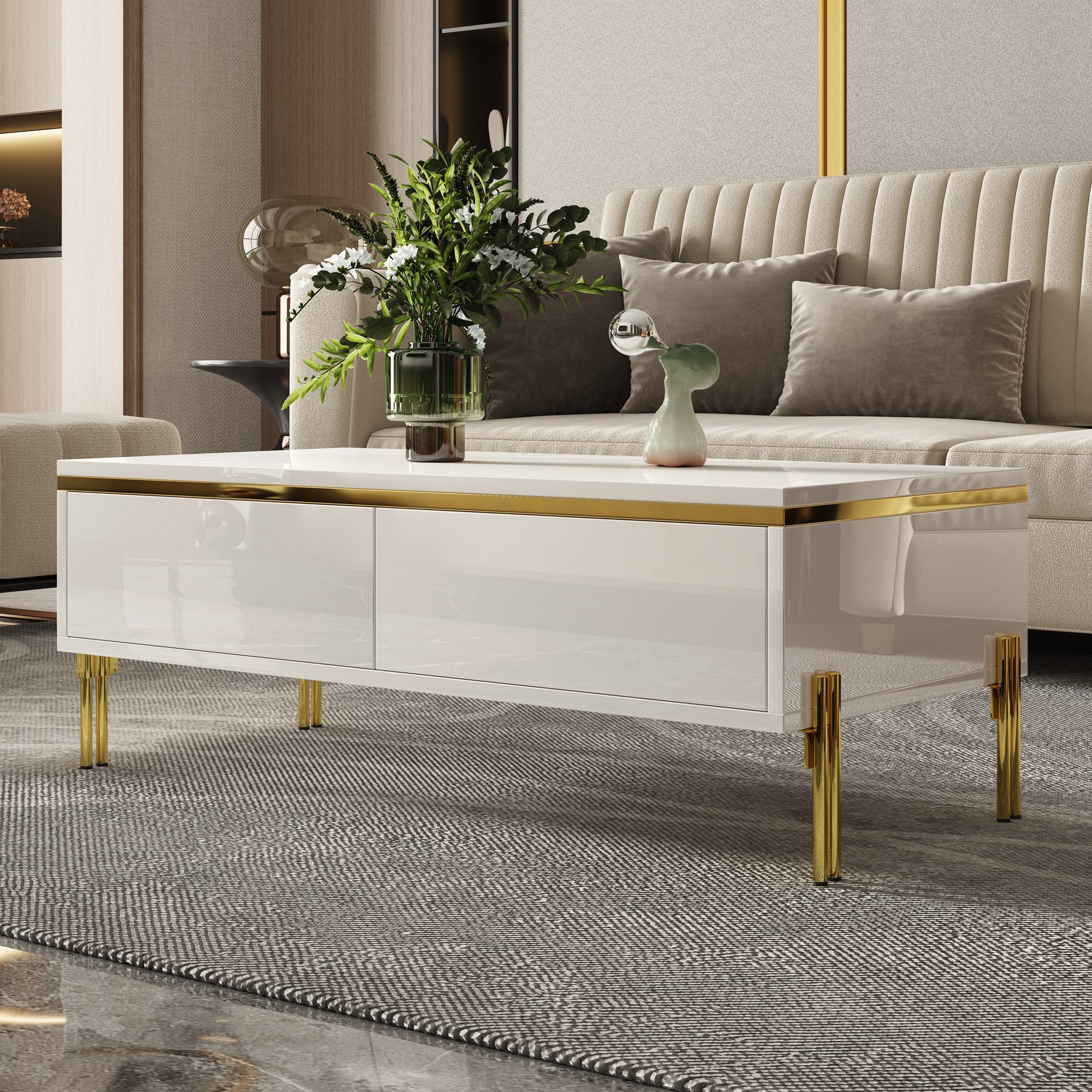 Merax Couchtisch hochglanz Sofatisch Beistelltisch mit goldenen Zierelementen (1-St), Wohnzimmertisch mit Doppelschubladen und Metallbeinen, 100x50x36cm – Bild 3 von 5