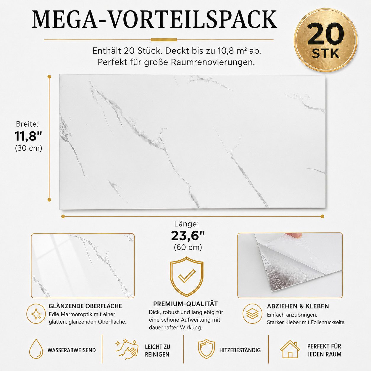 BlingBin Wandpaneel 20 Stück Wandaufkleber selbstklebend, klebepaneele 60 x 30 cm, BxL: 30x60 cm, 0,18 qm, (20er Set Wandpaneele, 20-tlg., wanddekor) wandverkleidung marmor, Wasserdicht, Selbstklebende Fliesen, wanddekor
