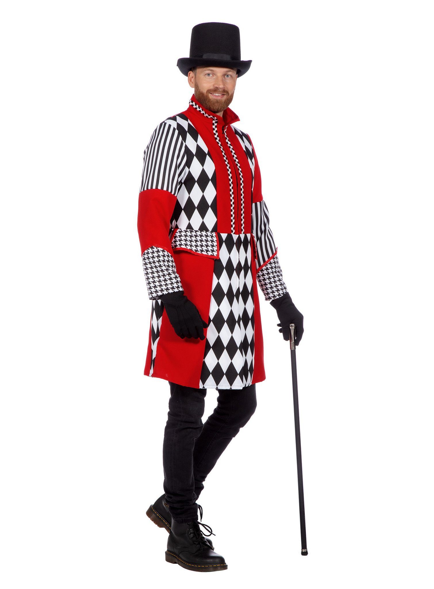 Metamorph König-Kostüm Harlekin Jacke schwarz-weiß-rot, Herrenmantel für Zirkus, Clowns und Karneval