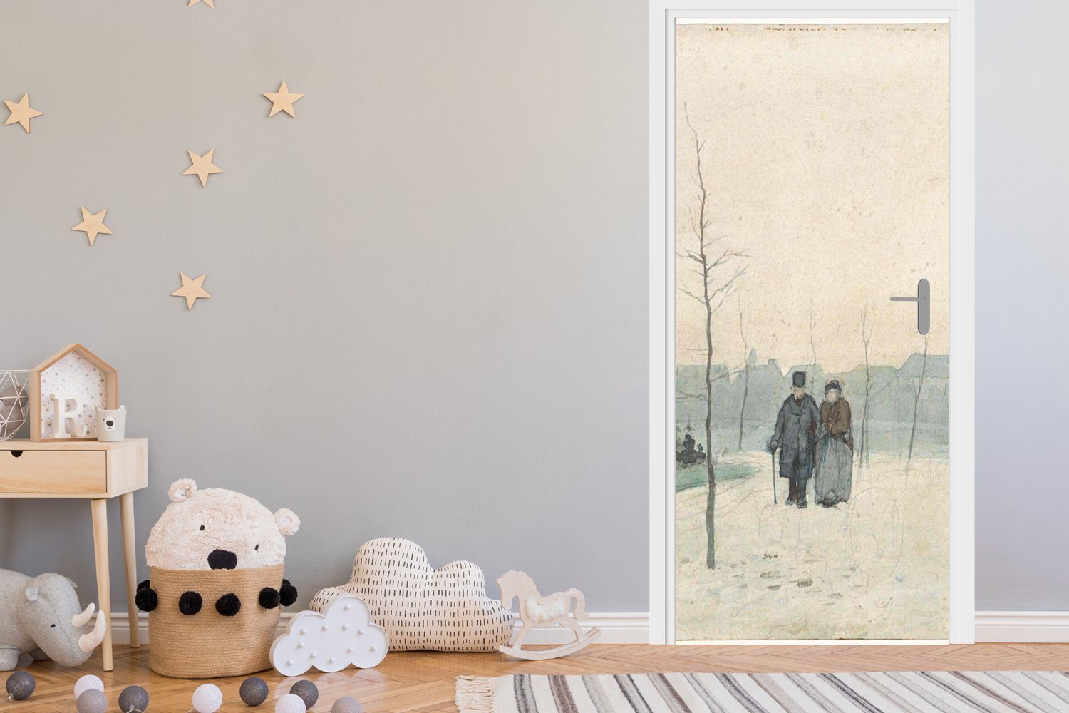 MuchoWow Türtapete Altes Paar in einem neu angelegten Park - Gemälde von Anton Mauve, Matt, bedruckt, (1 St), Selbstklebende Tapete, Folie für Möbel, 75x205 cm