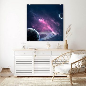 Primedeco Glasbild Wandbild Quadratisch Planeten und Wolken mit Aufhängung, Weltall