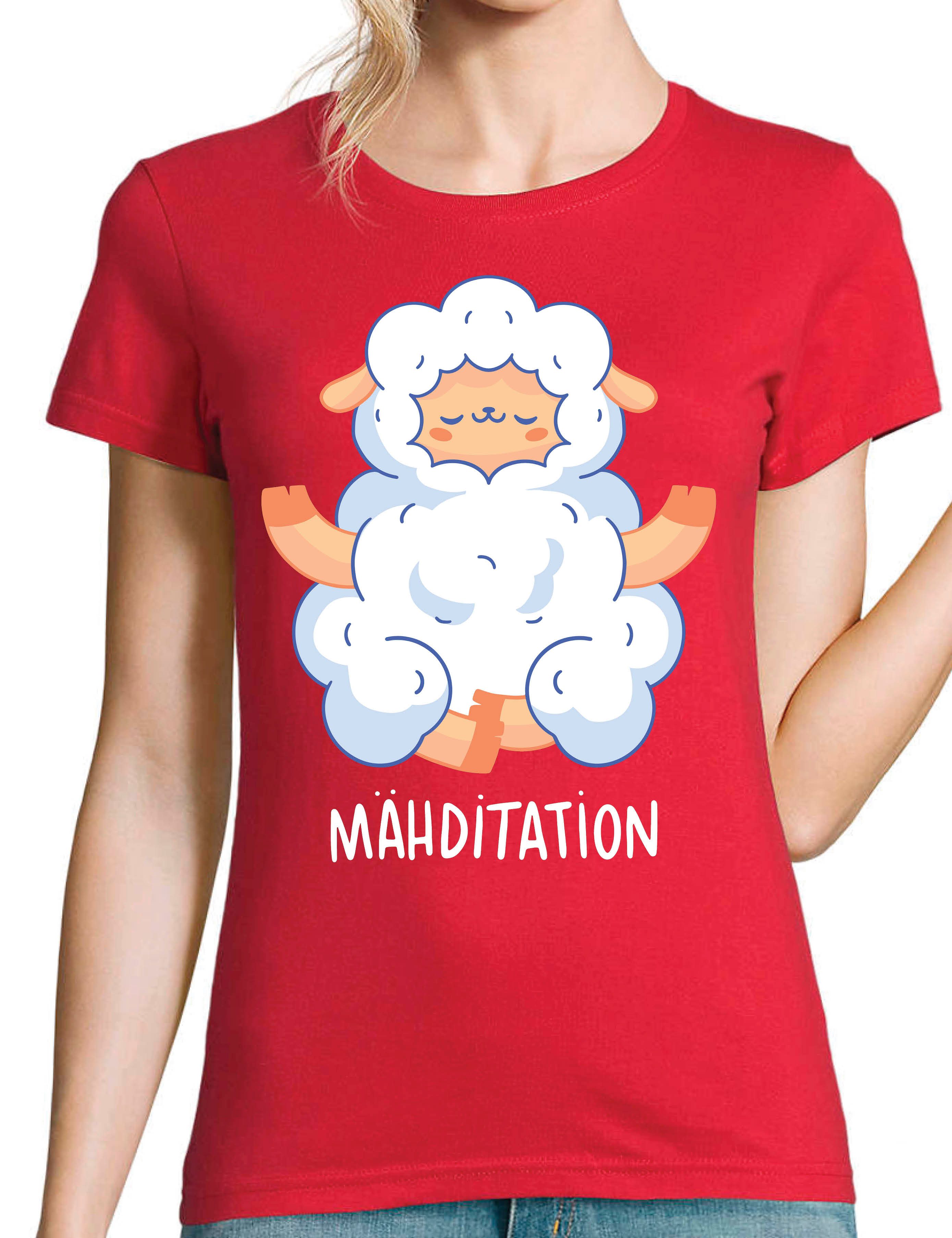 T-Shirt Damen T-Shirt "Mähditation" zum Entspannen mit lustigen Print