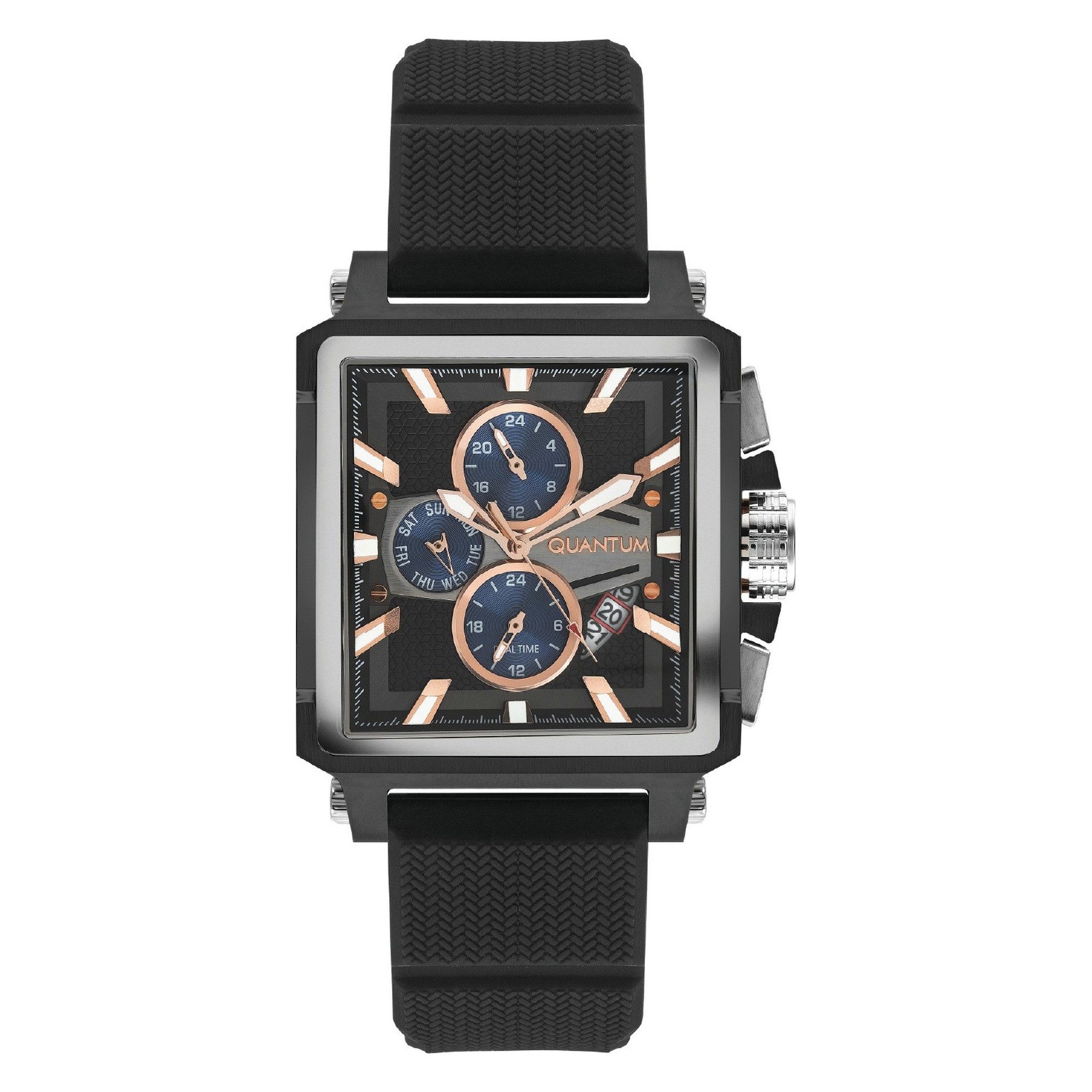 QUANTUM Multifunktionsuhr Herrenuhr mit Silikonarmband, 41,5 mm, Herren Armbanduhr schwarzes Zifferblatt, schwarz-roségold – HNG969.650, (1-tlg), Mineralglas, 5 ATM, inkl. Geschenkbox