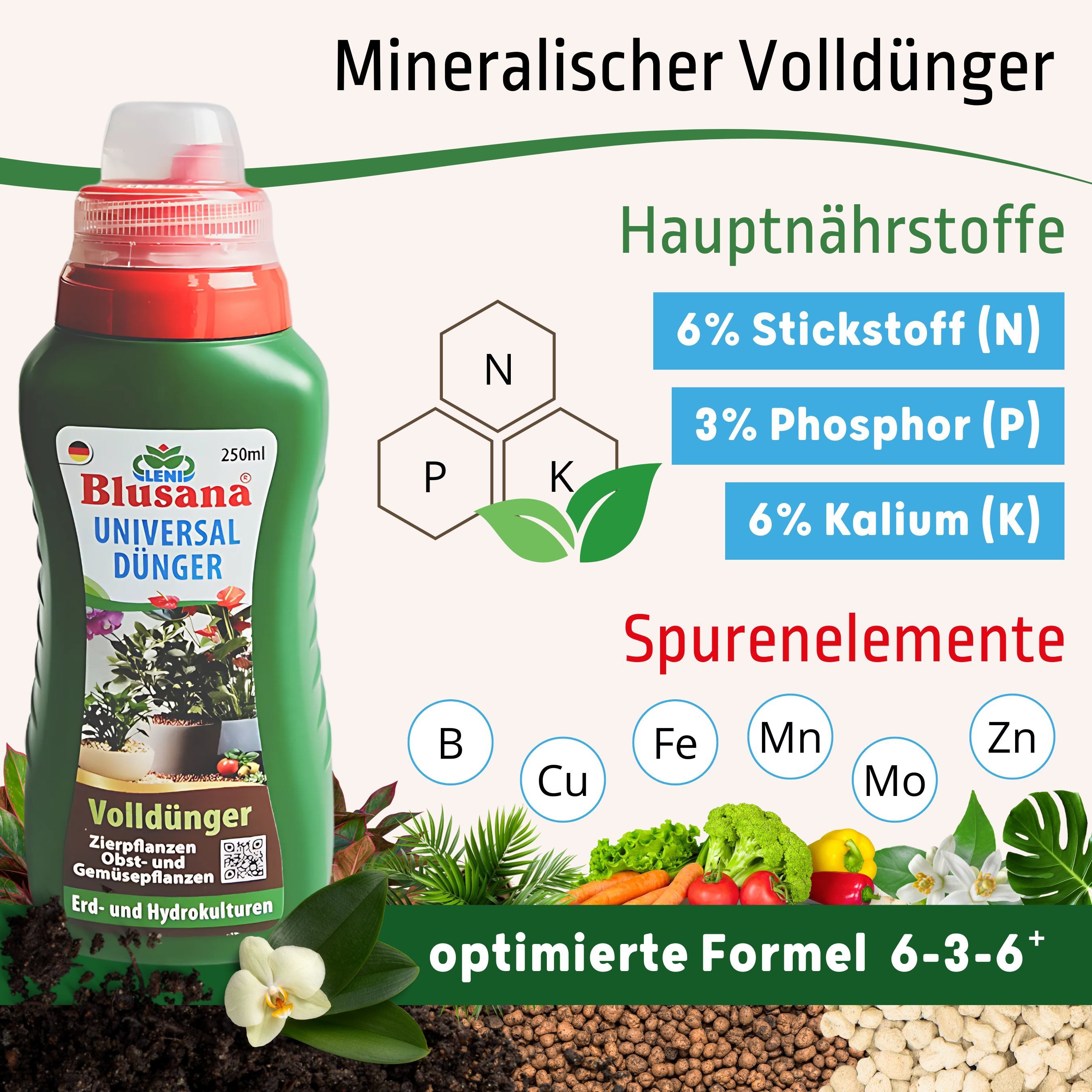 Blusana Pflanzendünger Universal Flüssigdünger NPK 6-3-6 Hydrokultur Hydroponik Erde Substrat, Universaldünger, all in one mit Spurenelementen, mineralisch, für – Bild 2 von 5