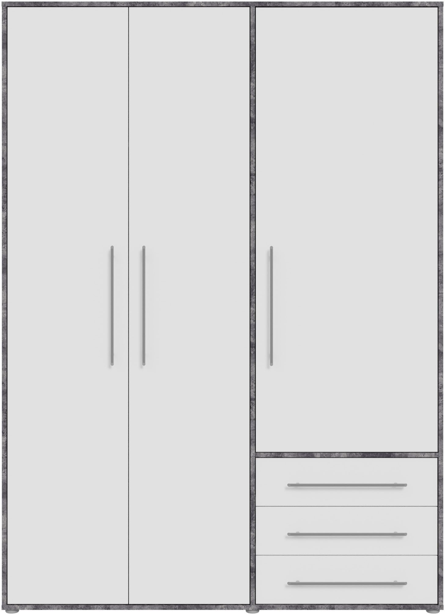 FORTE Drehtürenschrank Kleiderschrank,zeitloses Design,3 türig viel Stauraum, Schubladen, Stangengriffe, Made in Europe