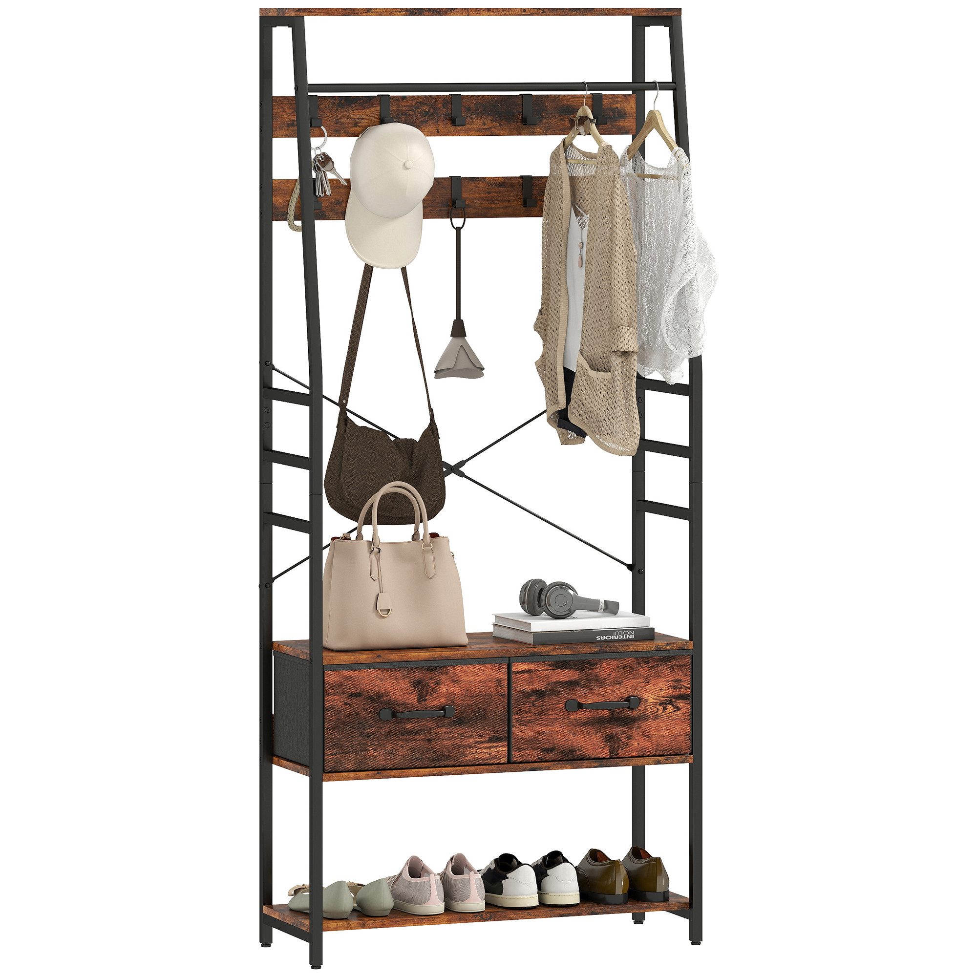 HOMCOM Garderobenständer Schuhbank, Kleiderstange, Industrie-Design Garderobe, Höhe 180 cm, (Jackenständer, 1 St., Kleiderständer), für Eingangsbereich, Flur, Rustikal-Braun
