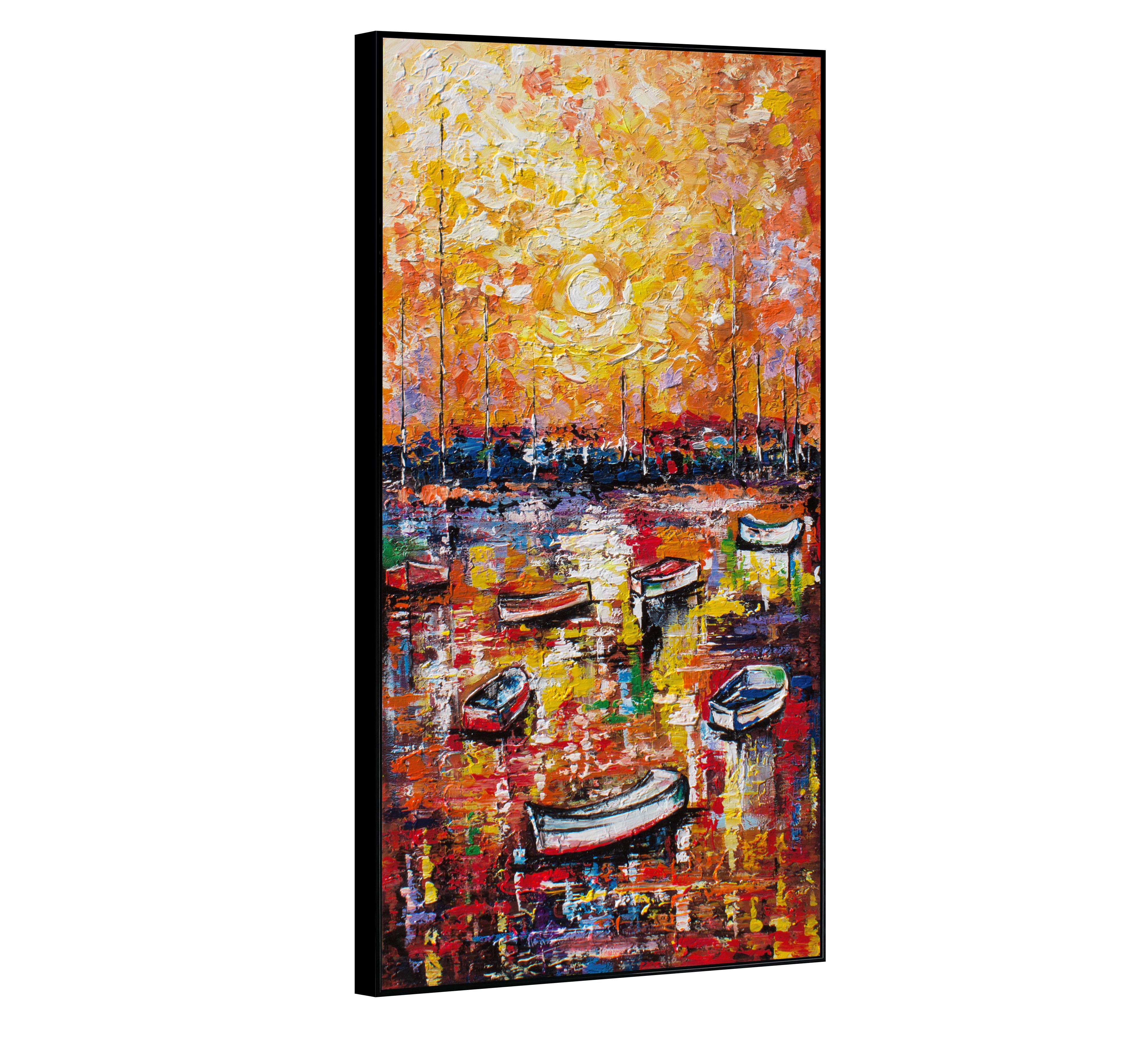 YS-Art Gemälde Hafen, Landschaft, Hafen Segelboote Wasser Bunt Rot Orange