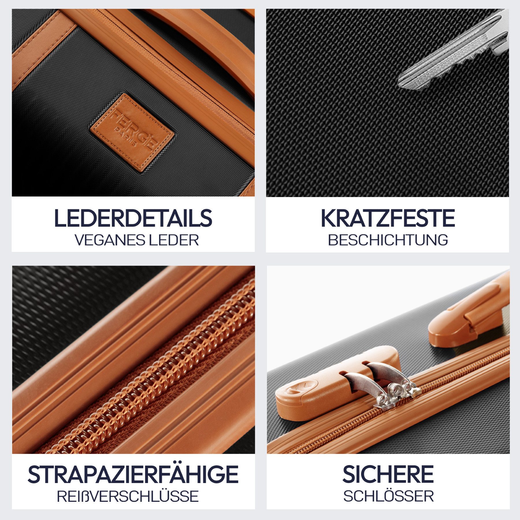 FERGÉ Kofferset Hartschale 3 teilig Koffer Set MILANO Schwarz-Braun, 4 Rollen, (3er Kofferset stabil und leicht mit Zahlenschloß, 3 tlg., Hartschalen-Trolley Set 3 Größen Handgepäck Koffer M XL), Trolley 3er Koffer Set, Reisekoffer 4 Rollen, Premium Rollkoffer