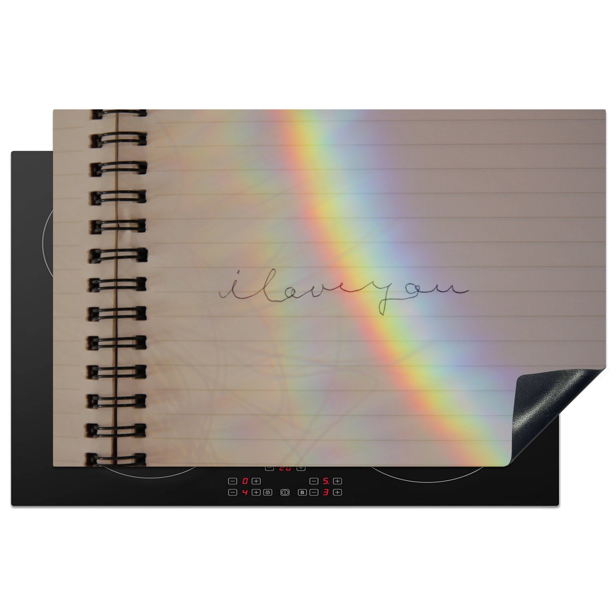 MuchoWow Herdblende-/Abdeckplatte Ich liebe dich in einem Notizbuch mit einem Regenbogen, Vinyl, (1 tlg), 81x52 cm, Induktionskochfeld Schutz für die küche, Ceranfeldabdeckung