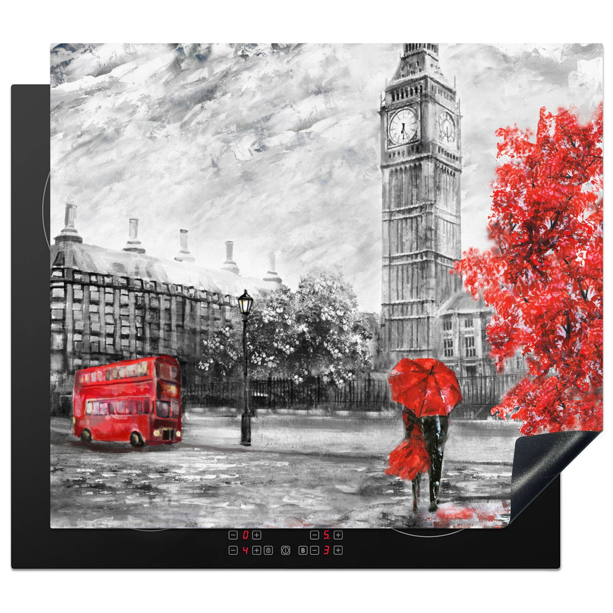 MuchoWow Herd-Abdeckplatte Rot - London - Stadt - Schwarz und weiß, Vinyl, (1 tlg), Ceranfeldabdeckung Küche, Herdabdeckplatte Einteilig, 60x52 cm