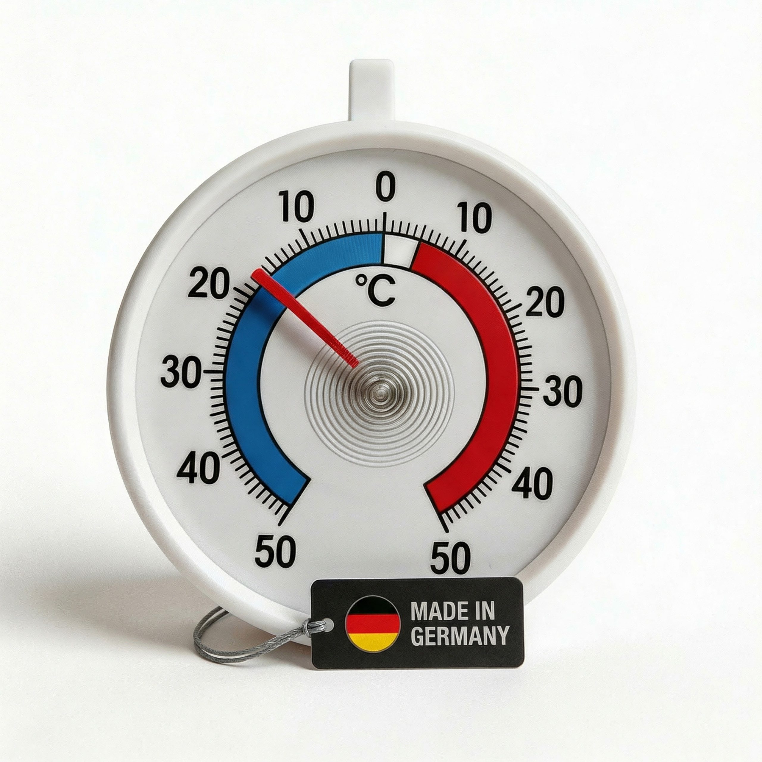Lantelme Kühlschrankthermometer Ø 7 cm Temperatur -50 bis 50 °C mit Haken zum Aufhängen, 1-tlg., Deutsche Herstellung, Analog Thermometer für Gefrierschrank Kühltruhe Kühltheke