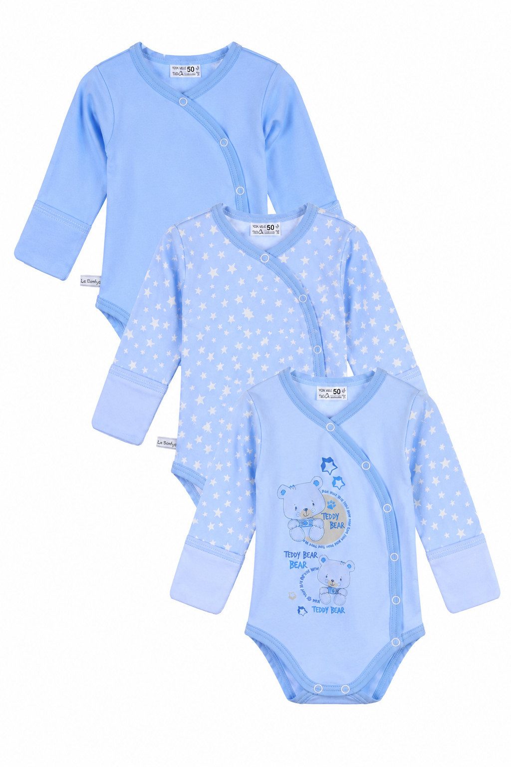 La Bortini Wickelbody Erstlingsbodys Baby Bodys Wickelbodys Body in Blau (Erstlingsbodys für Neugeborene, 3er Pack) aus Baumwolle, 44 50 56 62 68 74 80 86 92 98