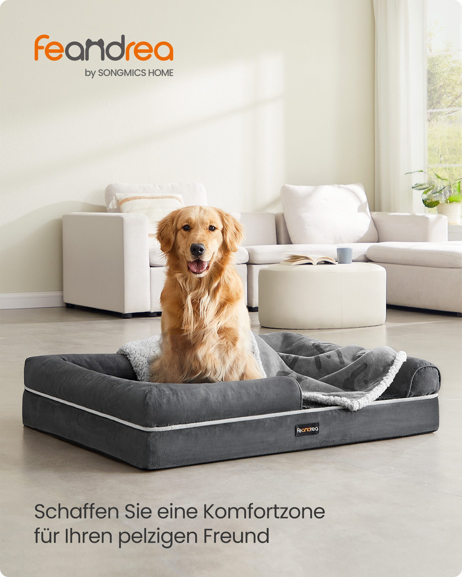 FEANDREA Hundebett Orthopädisches, Bezug abnehmbar und waschbar, rutschfeste, Hundekissen, Hundekorb, Hundesofa, erhöhte Ränder, 112 x 81 x 18 cm
