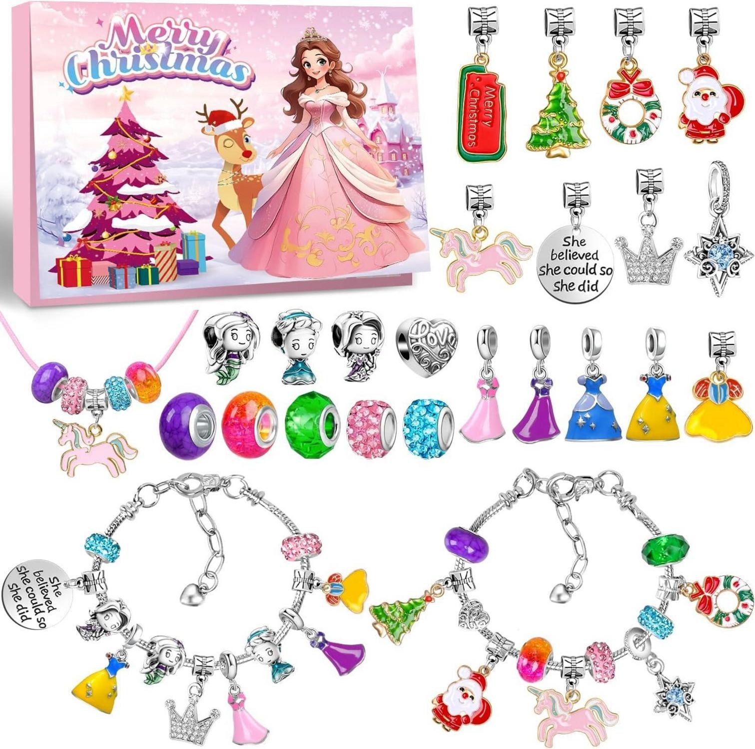 Schmuck-Adventskalender Prinzessinnen Adventskalender Schmuck Mädchen 2024 DIY Armband 24