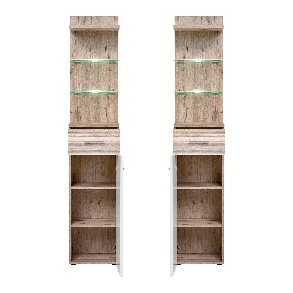 Lomadox Garderobenschrank GALLIPOLI-164 Kommode mit Ablageböden, LED-Beleuchtung, Eiche und weiß Hochglanz