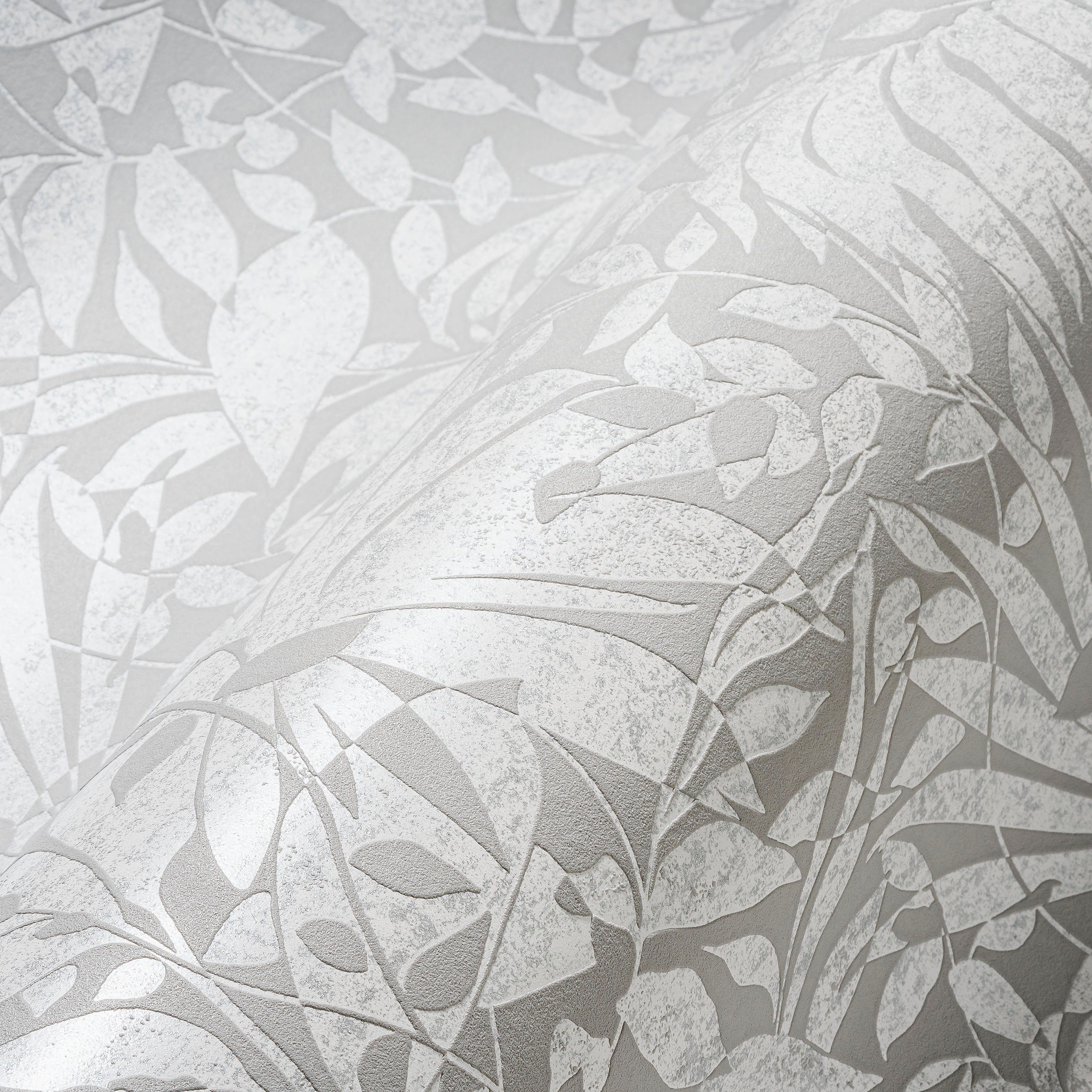 Vliestapete A.S. THE (1 Création St) Blätter, Floral BOS hellgrau/silberfarben/weiß strukturiert, glänzend,