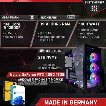 SYSTEMTREFF Gaming-PC (Intel Core i9 12900F, GeForce RTX 4080, 32 GB RAM, 2000 GB SSD, Wasserkühlung, Windows 11, WLAN)