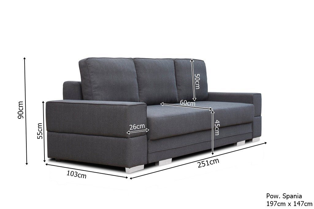 Schlaffunktion Melania Minimalistisches mit Dreisitzer Graphit Sofa 3-Sitzer Siblo
