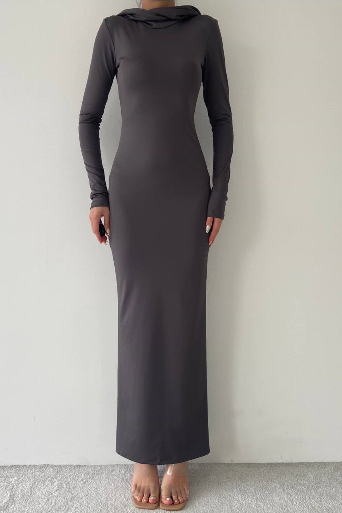 WOMAN VISION Abendkleid 8Rote Sandige Stoff Kapuze Hals Detail Langarm Midi Kleid