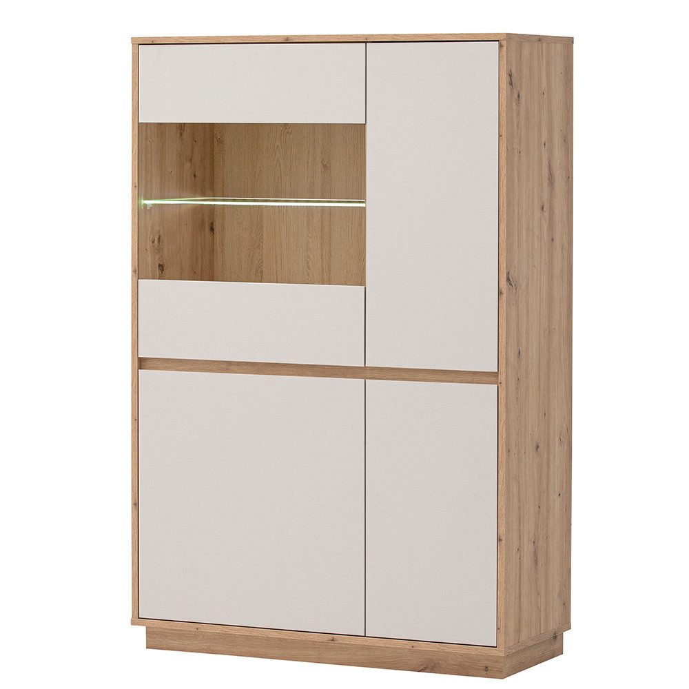 Lomadox Vitrine SITTEN-61 75 cm, Eiche mit Kaschmir Beige, 4 Türen, inkl. Beleuchtung