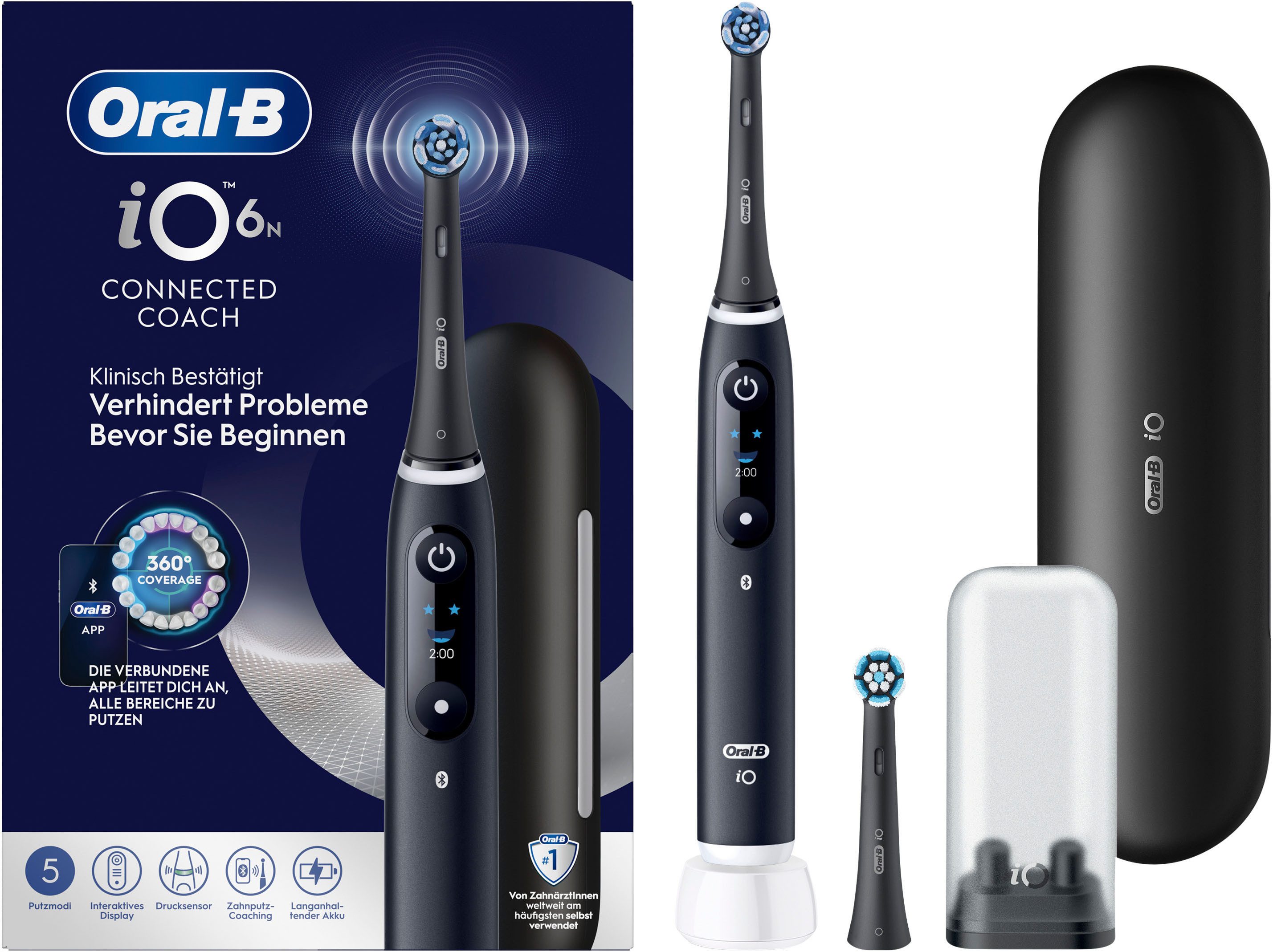 Oral-B Elektrische Zahnbürste iO 6, Aufsteckbürsten: 2 St., mit Magnet-Technologie, Display, 5 Putzmodi, Reiseetui