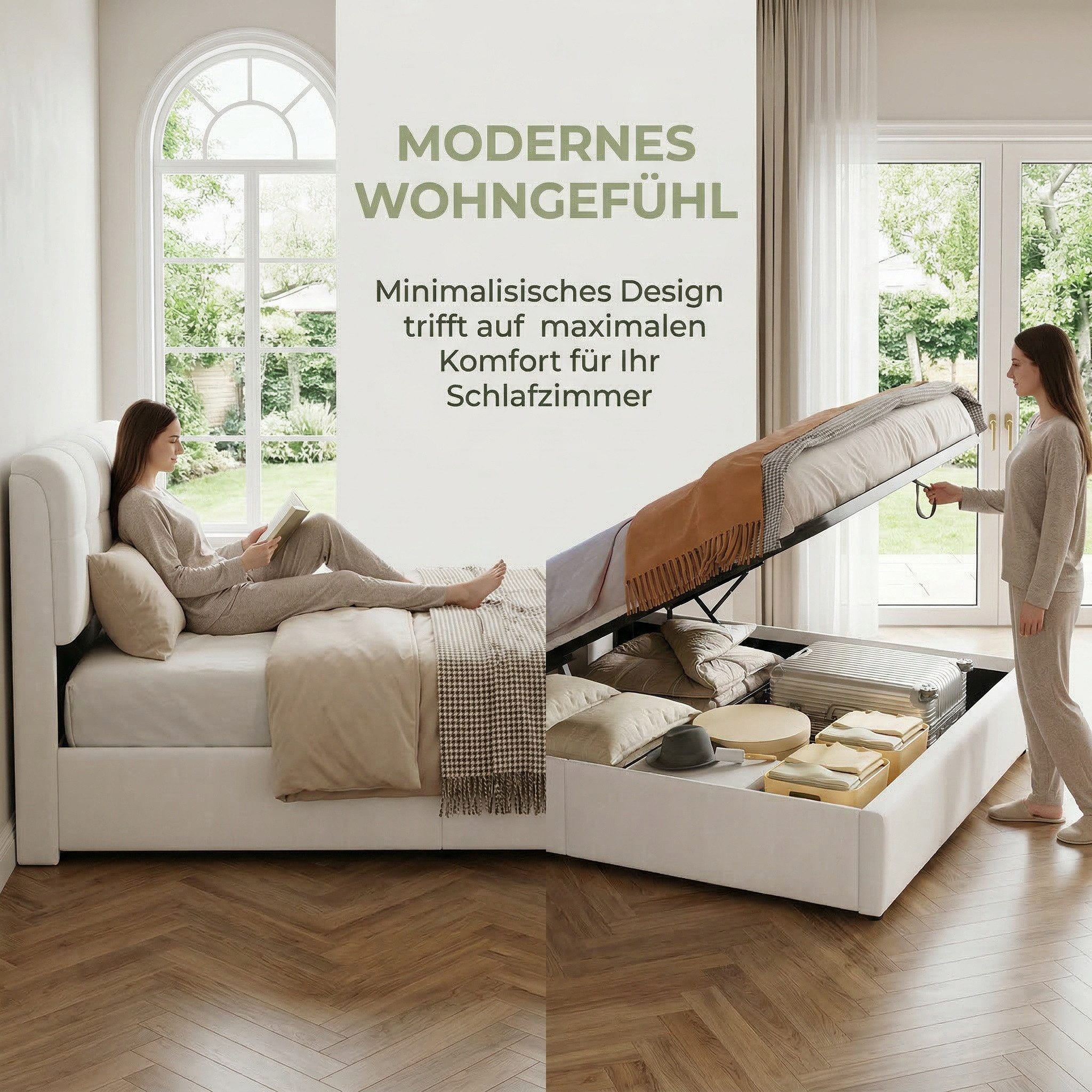 PXloue Stauraumbett Polsterbett mit Stauraum (Hochklappbares Bett 160x200 cm (Stimmungsvolles LED-Lichtband), Cremeweiß, mit stabilem Lattenrost & gepolstertem  – Bild 4 von 5