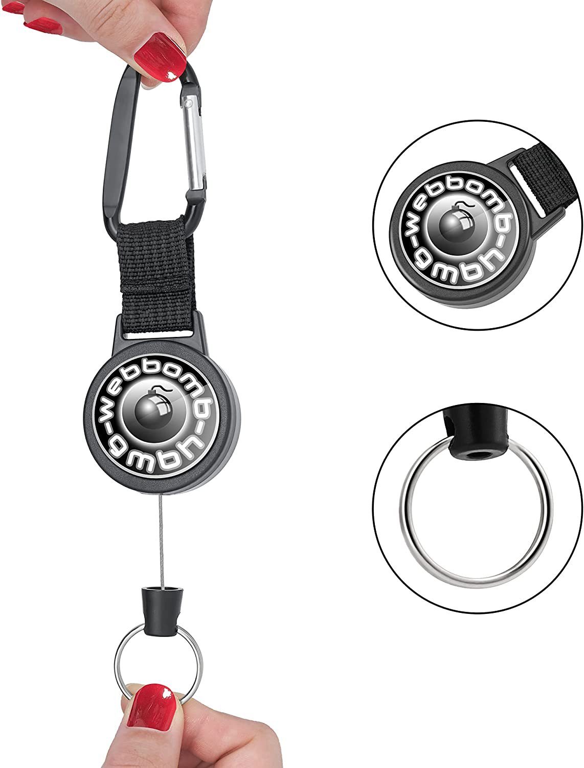 Schlüsselanhänger Ausweishalter Logo Schlüsselrolle WEBBOMB Kartenhalter Jojo 3x ausziehba mit mit Stahlseil schwarz