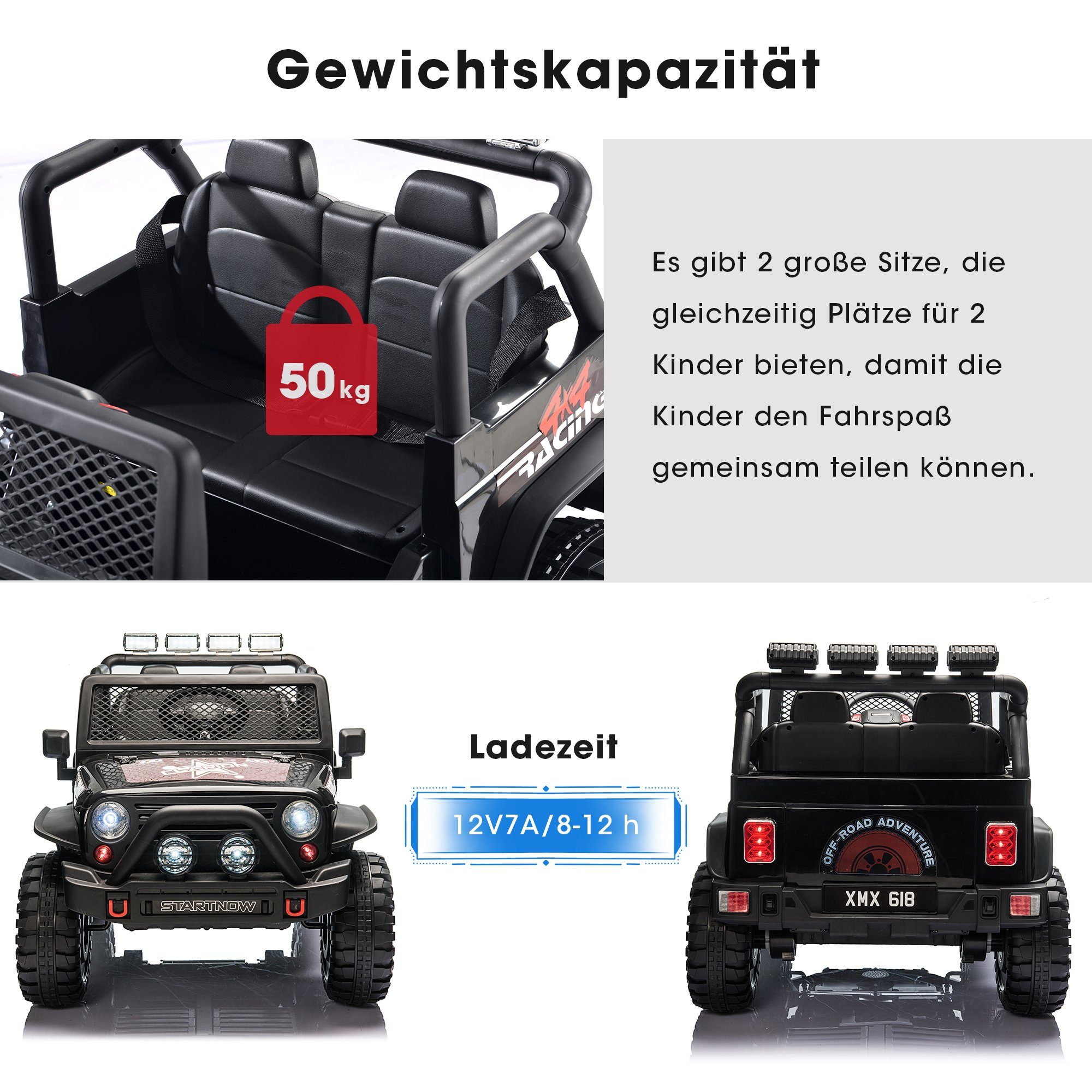 EXTSUD Elektro-Kinderauto 2-Sitzer 2x45W Motor,2.4G mit 12V Geschwindigkeiten Batterie-Stromversorgung, schwarz Fernbedienung,3 Kinder-Elektroauto