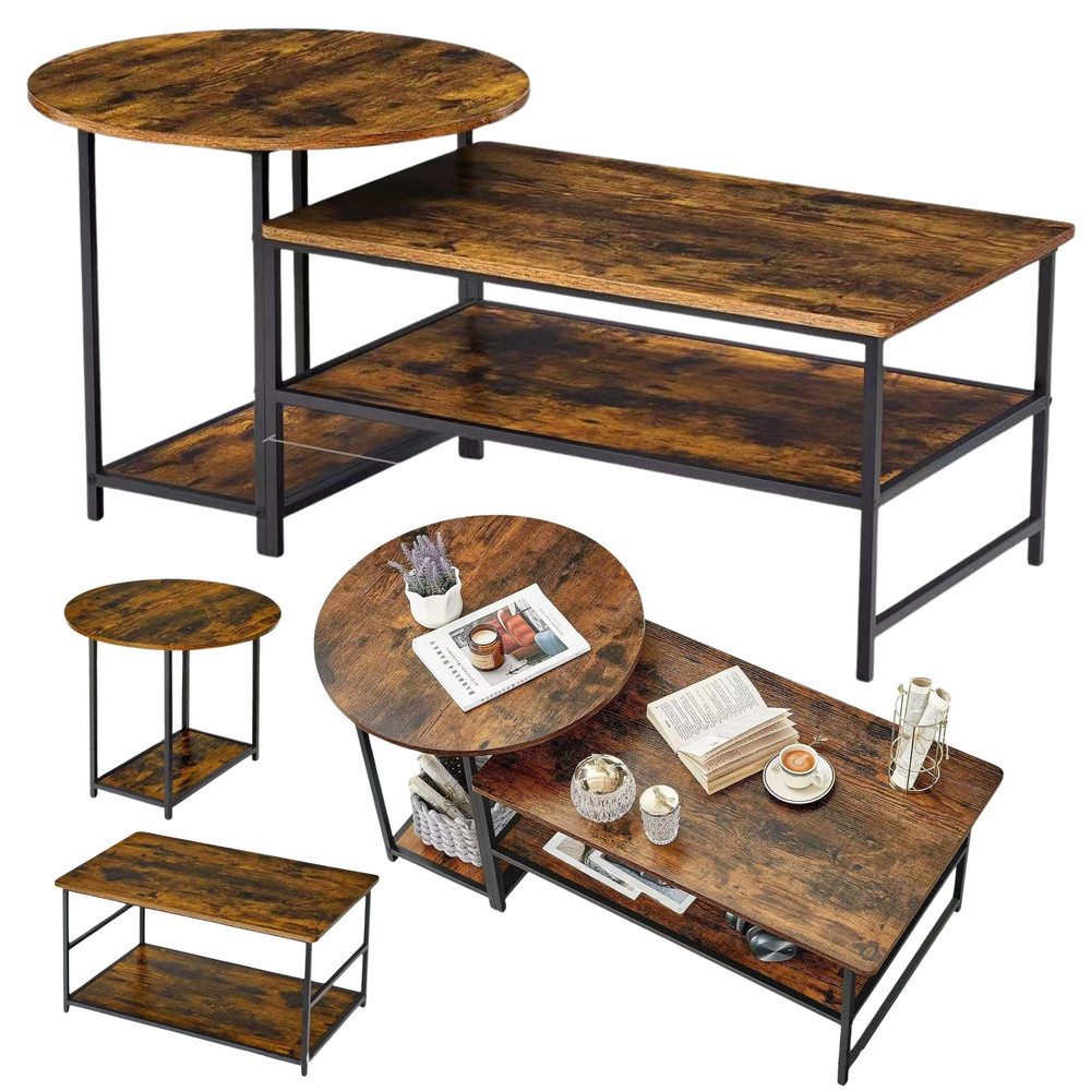 LEAN TOYS Couchtisch Wohnzimmertisch Beistelltisch Satztisch (Spar-Set, 2-St., 123 x 60 x 51 cm stabil), 2-in-1 Set, einschiebbar, 3 Ablagen, bis 30 kg belastbar