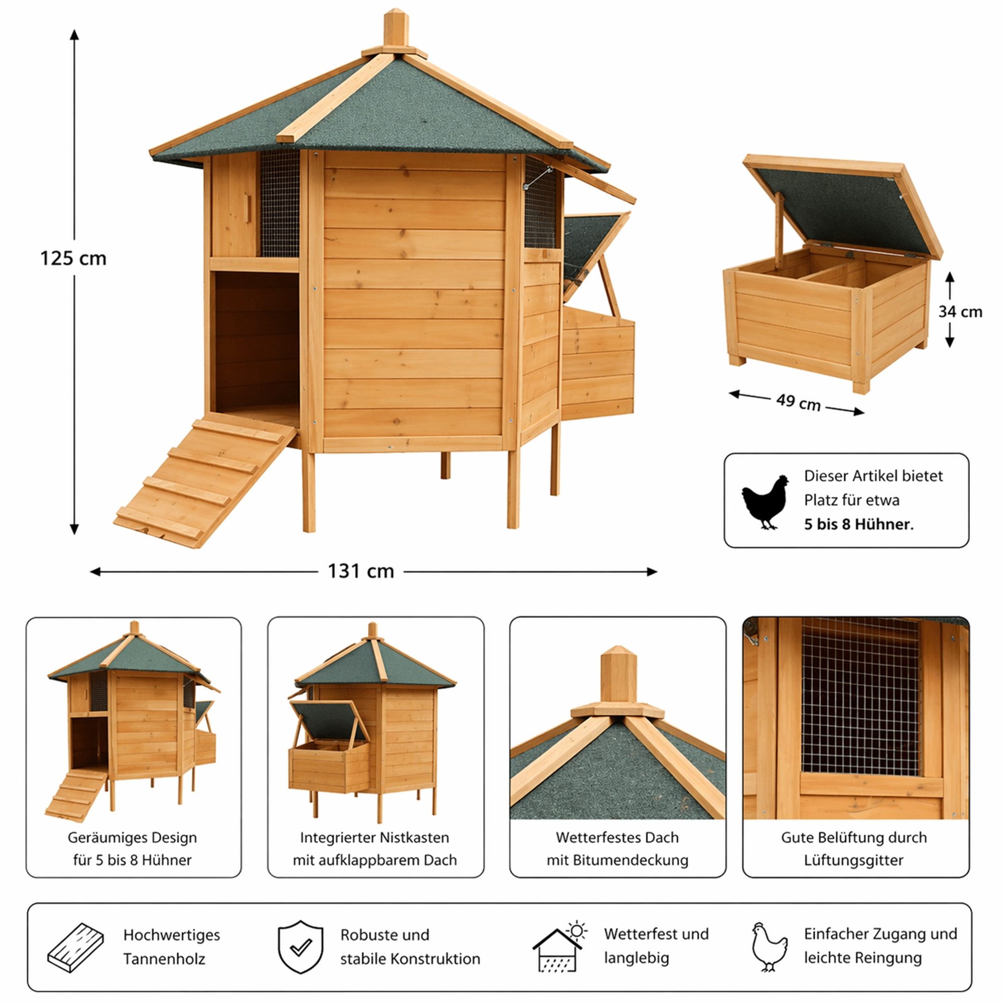 Mucola Kleintierkäfig Gefügelstall Hühnerhaus XXL 6-Ecken Freigehege Kleintierstall, für 5-8 Hühner