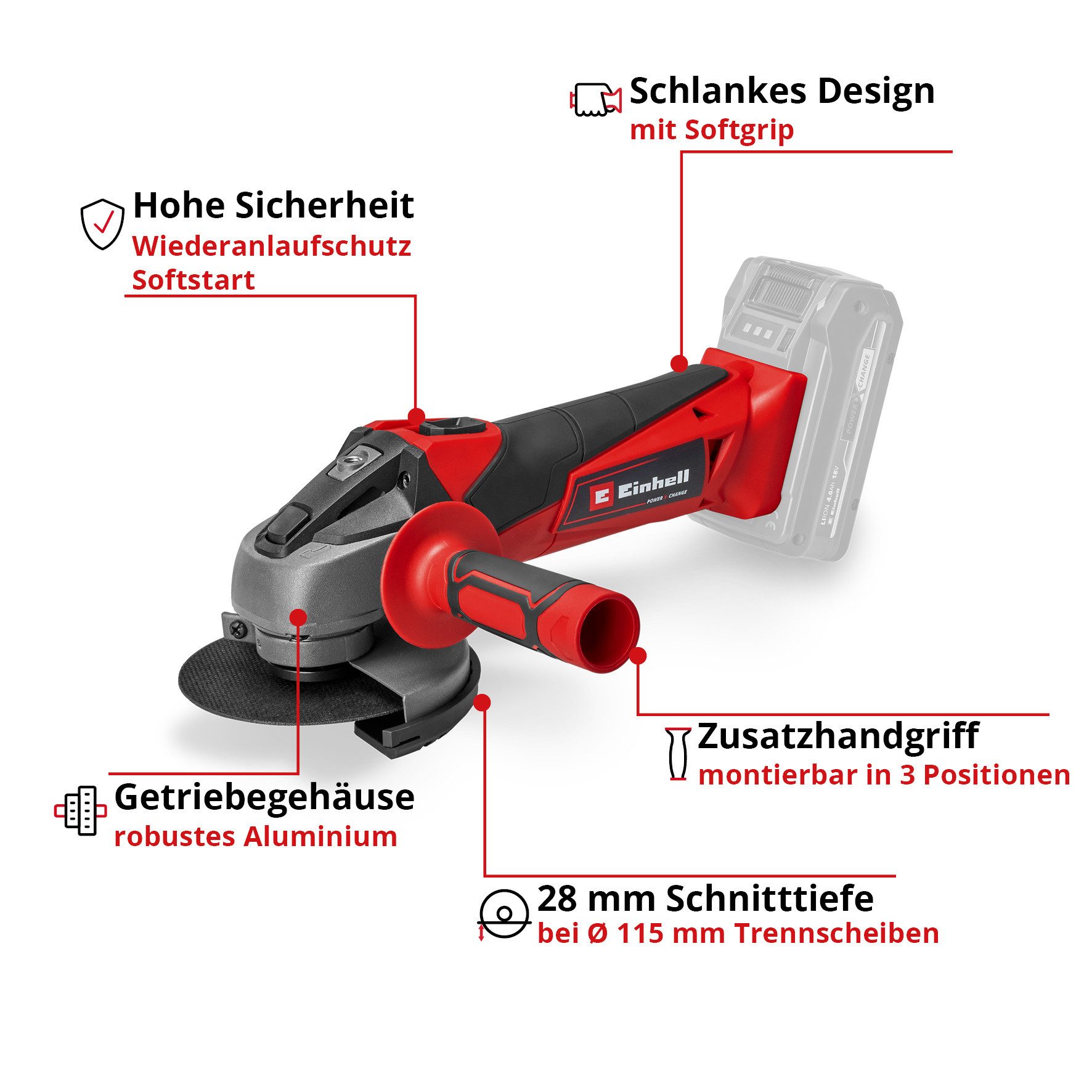 Einhell Akku-Winkelschleifer TC-AG 18/115 Li-Solo, max. 8500 U/min, Power X-Change, 115 mm, ohne Akku und Ladegerät – Bild 2 von 5