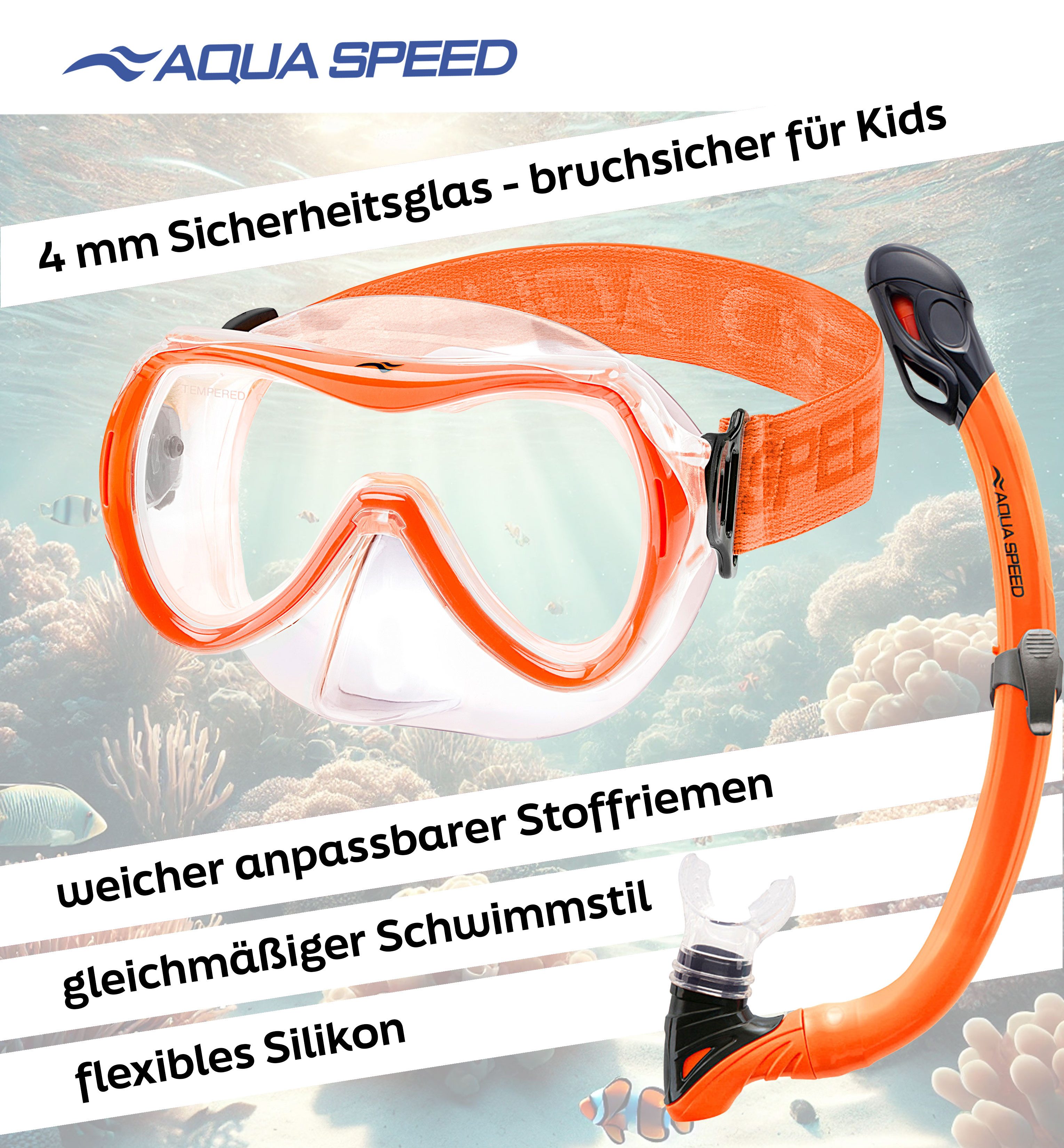 Aqua Speed Schnorchel Schnorchelset ALIZE + SAMOS Tauchmaske für Kinder, mit Netzbeutel (Kinderschnorchelset mit Maske und Schnorchel im Netzbeutel), EASY-ADJUST Kopfband für sicheren und bequemen Sitz